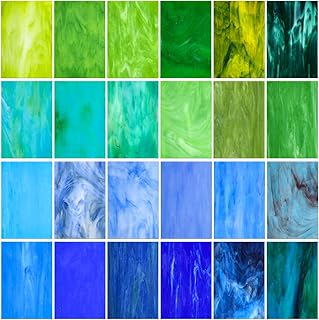 Treela 24 Pcs Stained Glass Sheets 4 x 6 Inch Rainbow Stained Glass Supplies for Craft Projects Variety Mosaic Art Mixed Color Iridescent DIY Home Decor(Blue, Green)