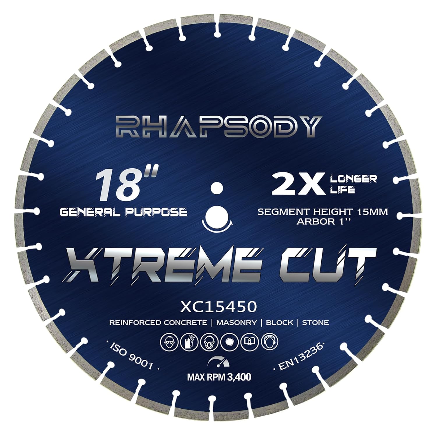 RHAPSODY 18 Inch Diamond Saw Blade - Segmented General Purpose for Dry/Wet Cutting Concrete, Reinforced Concrete, Masonry, Brick, Block - 1" Arbor 18''
