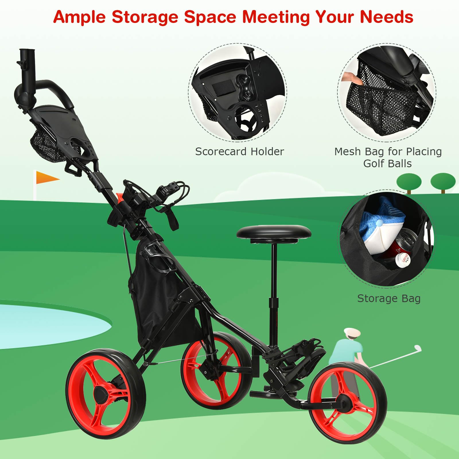 LIFEZEAL Carrito de Golf Plegable, Carrito de Golf con 3 Ruedas, Carro de Golf con Marcador y paragüero, Carrito metálico de Golf con Bolsa de Almacenamiento y Freno de pie