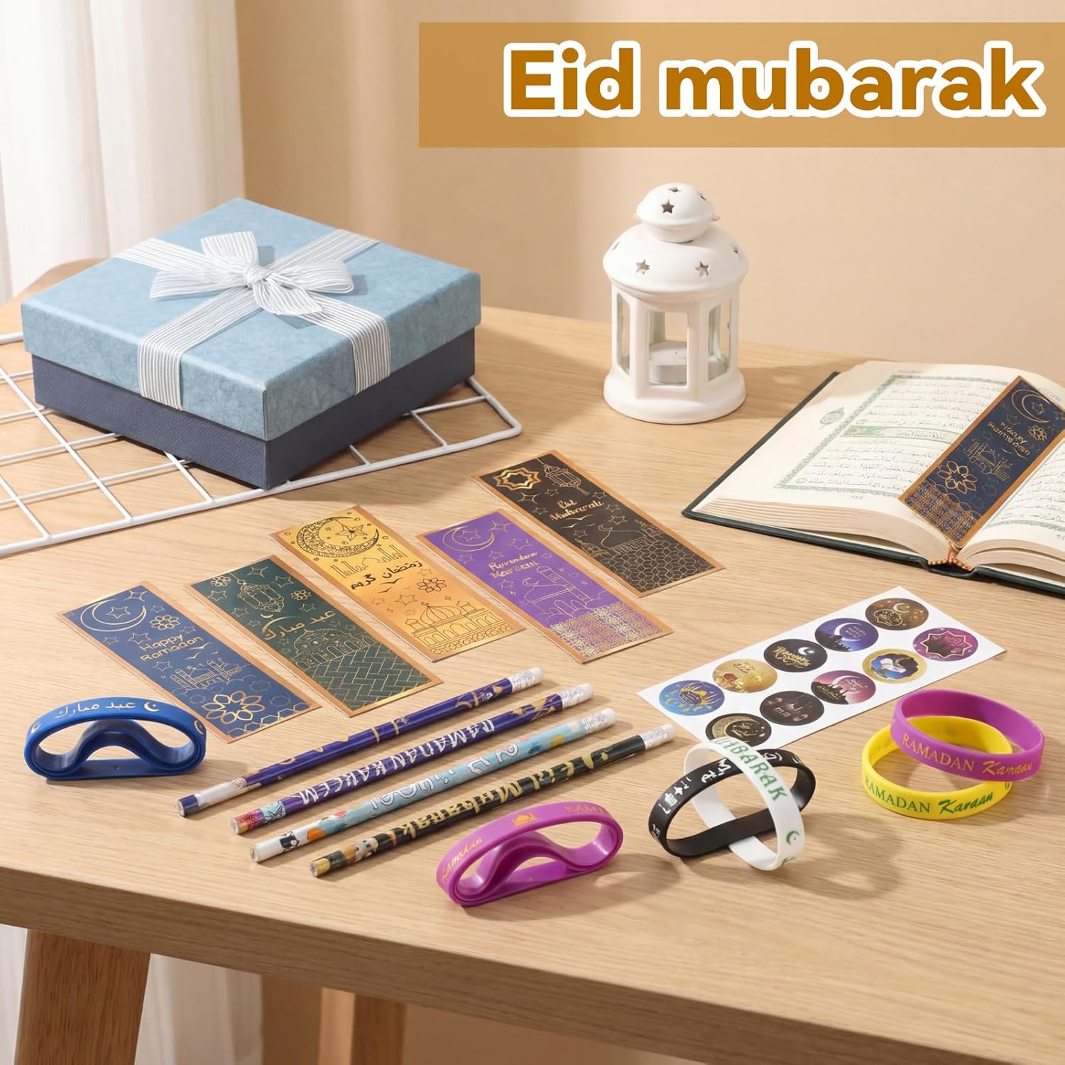 Resurhang 400 Pcs Eid Ramadan Mubarak Pencils Wristbands Stickers Bookmarks Set Ramadan Party Favors for Mubarak Islamic Muslim Party Decorations School Classroom Gifts Supplies