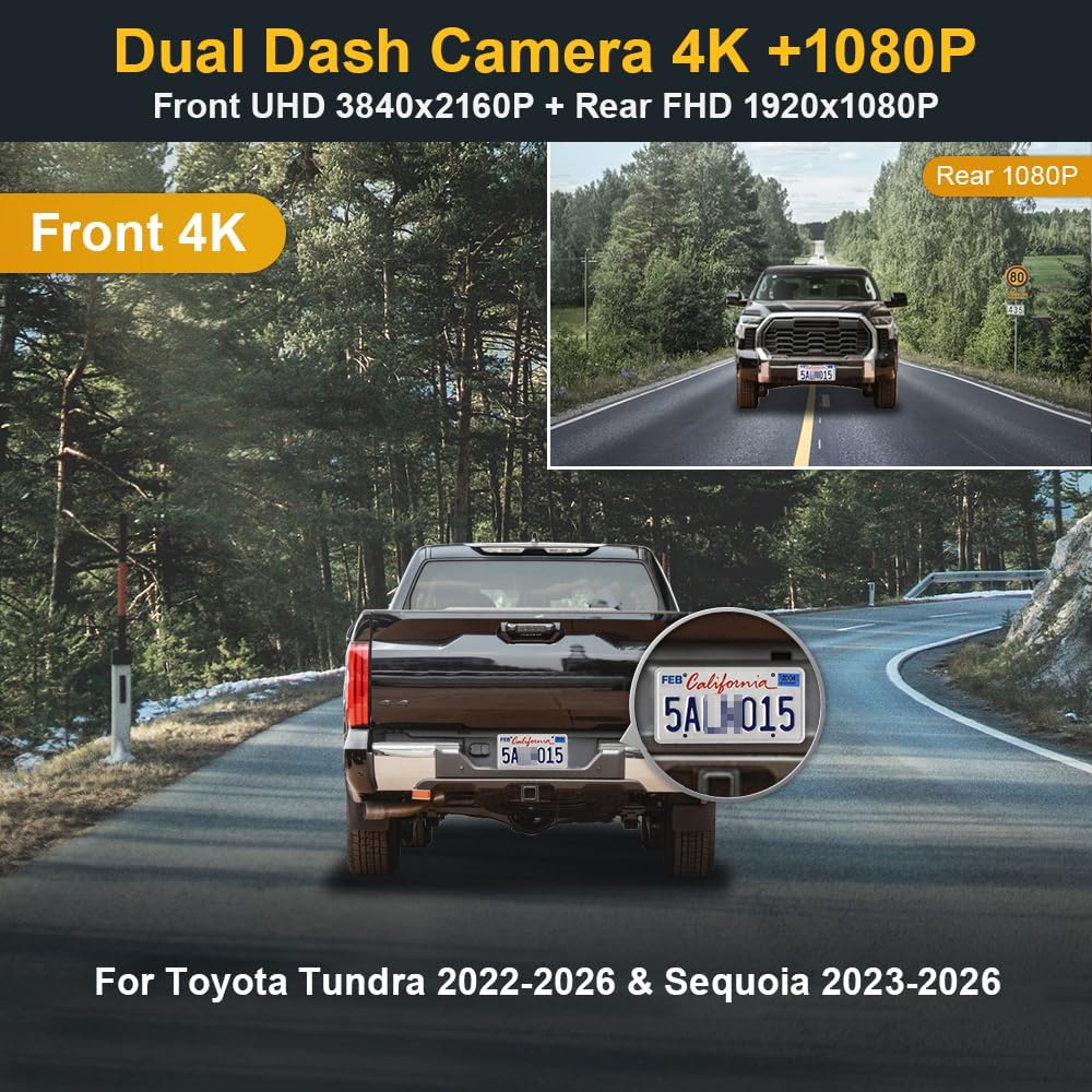 Fitcamx Front 4K+Rear 1080P Dash Cam Adapts for Toyota Tundra 2022-2026 Hybrid & Sequoia 2023-2026 (Gen3), OEM Look, 2 Way HD Video, WiFi & APP, Loop Recording, G-Sensor, Easy to Use, 128GB Card image 2