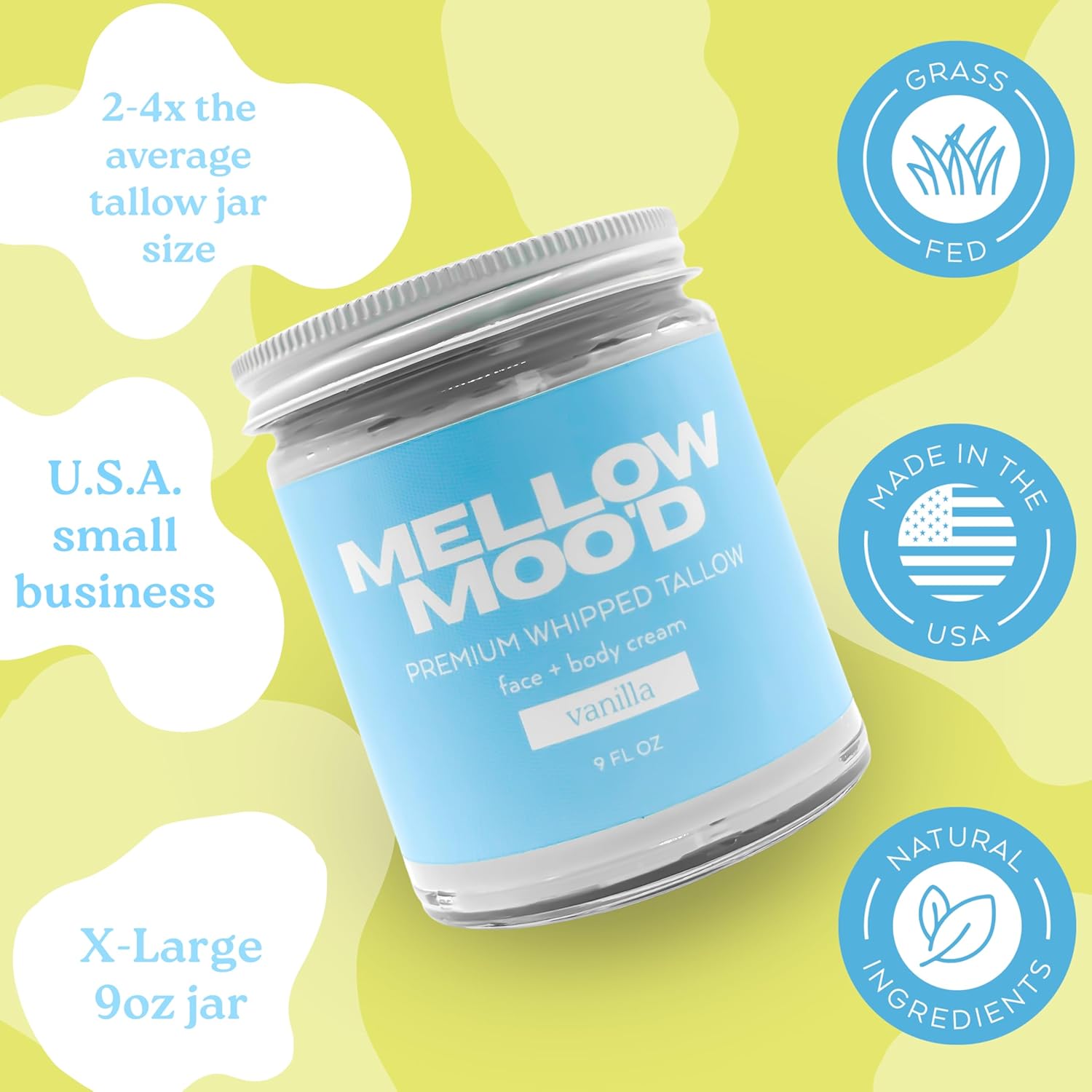 Mellow Moo'd Whipped Grass Fed Beef Tallow - Face + Body Cream - Tallow Moisturizer for Sensitive Skin - Natural Body Butter Lotion XTRA Large 9 FL OZ - Made In USA (9oz, Vanilla) - Image 2