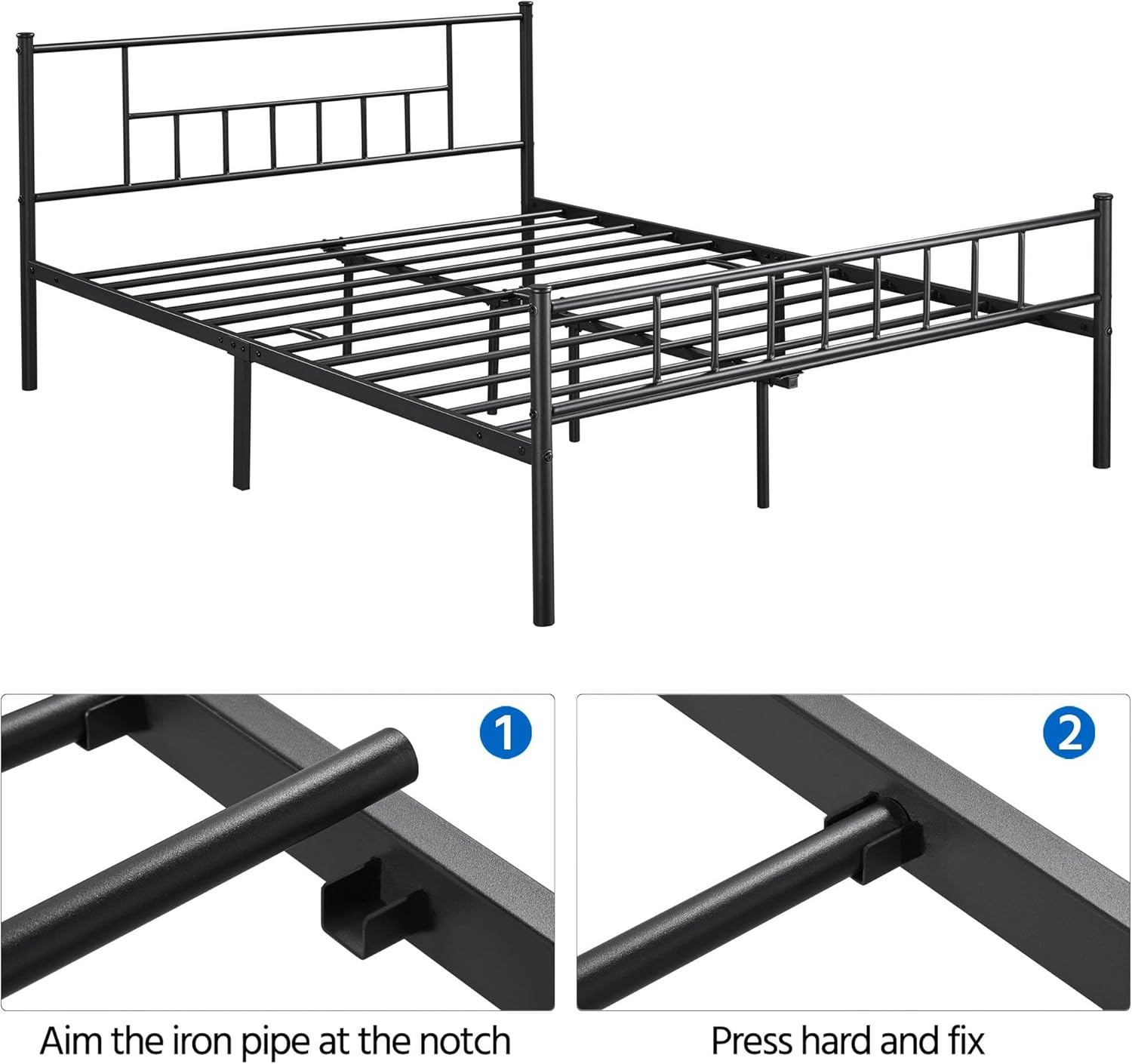 Assembly steps showing how to aim the iron pipe at the notch and press to fix.