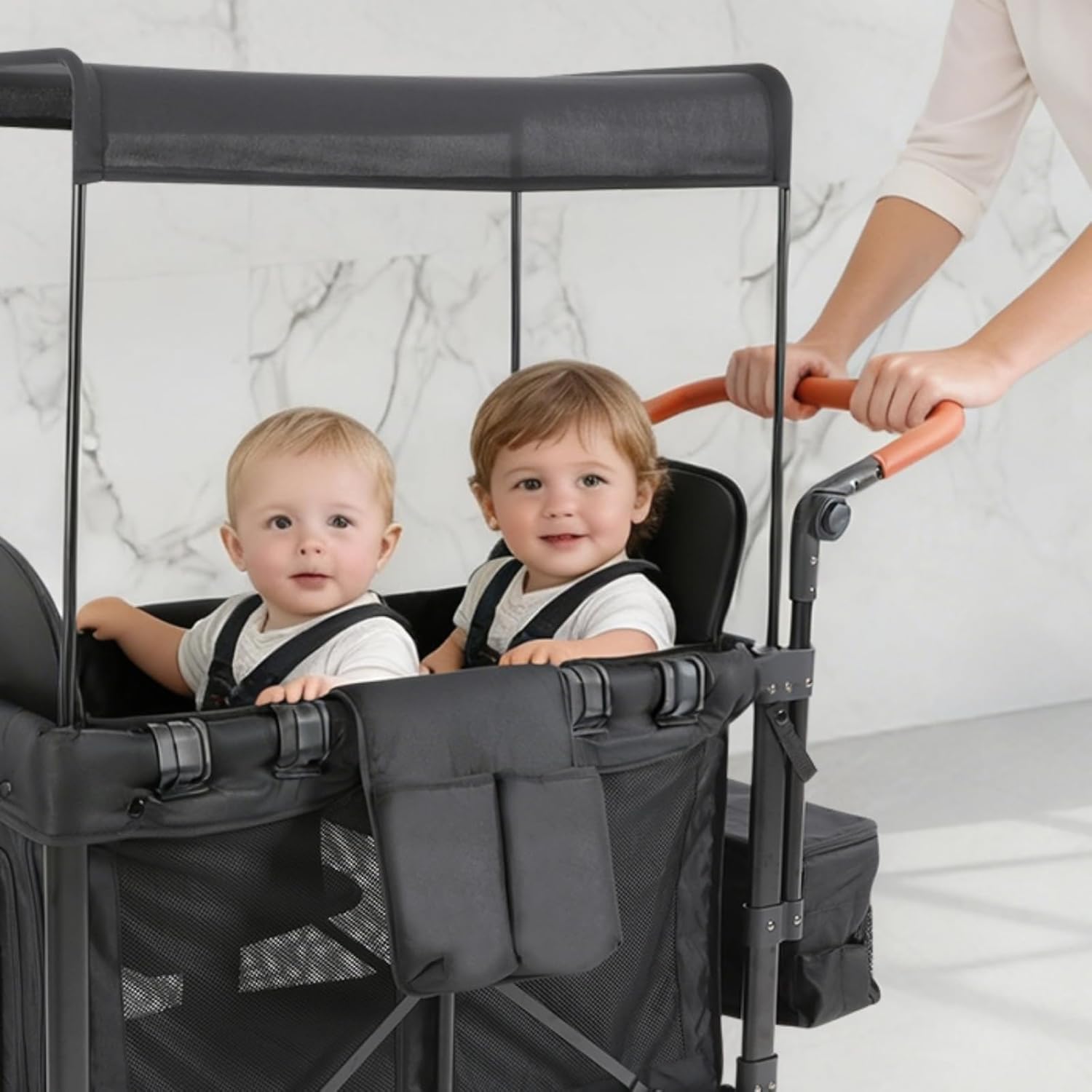 Wagon Stroller 2 Seats, All-Terrain Stroller Wagon Toddlers with Canopy & 5-Point Harness, Outdoor Cart with Push/Pull Adjustable Handle & Convertible Seats (Black, 2 Seats)