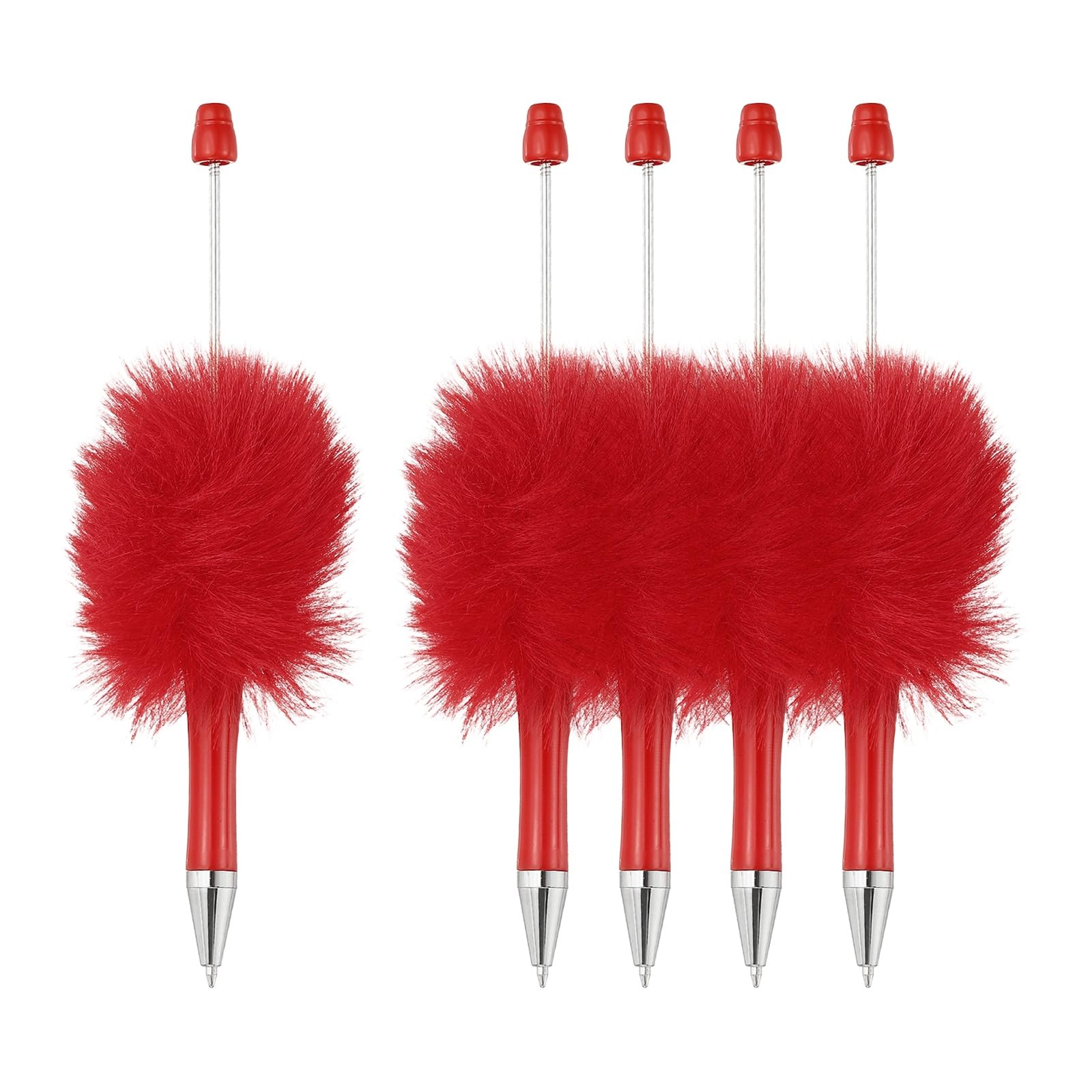 PATIKIL Fluffy Beadable Pens, Plush Fuzzy Plastic Bead Pen Bead Ballpoint for DIY Gift Writing Office Supplies - 5 Pcs (Red)