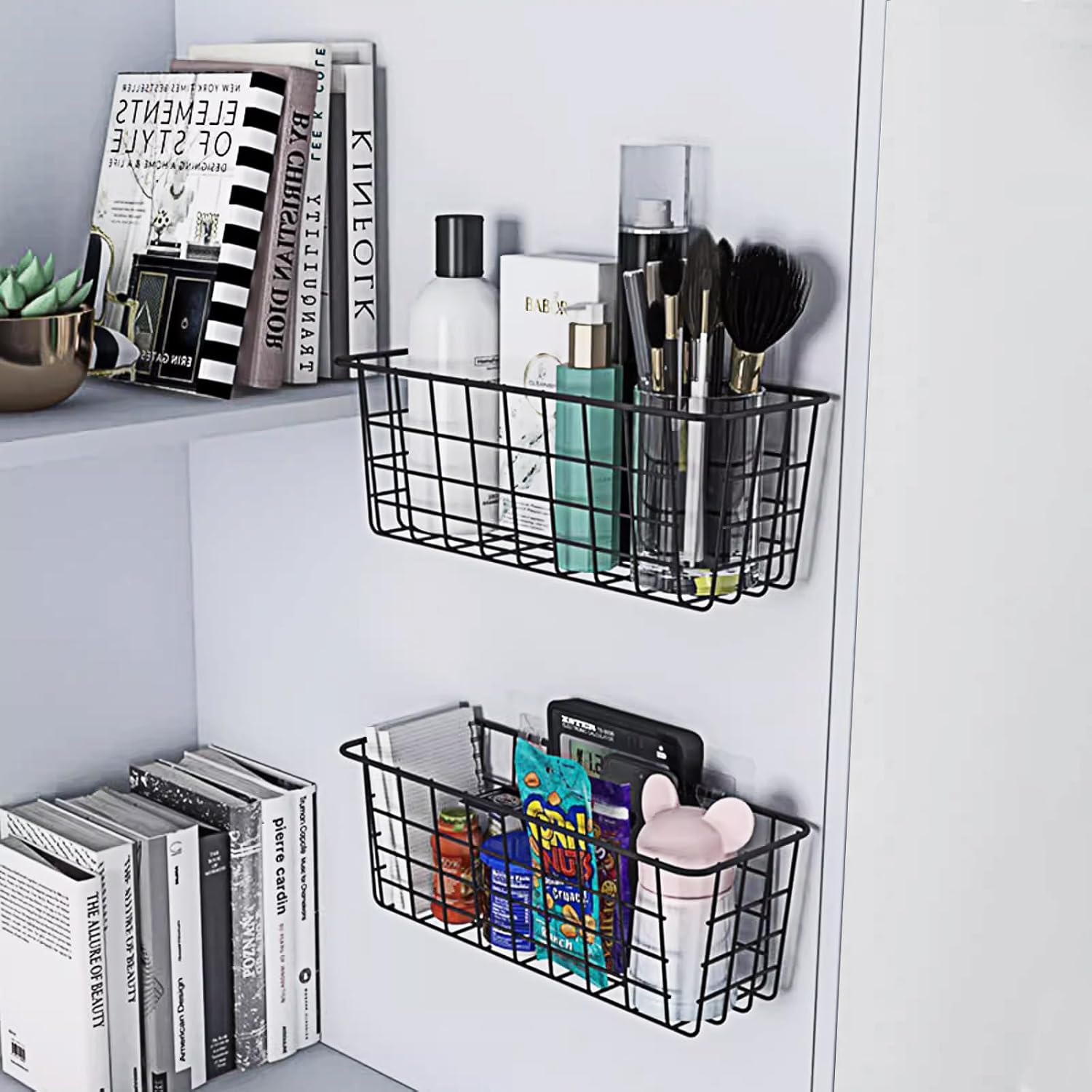 ABuff 6 Pack Metal Wire Storage Baskets Wall Mounted Hanging Wall Basket with Traceless Tape, Hanging Kitchen Organizer Basket for Cabinet Storage, Kitchen, Bathroom, Storage Room, No Drilling, Black