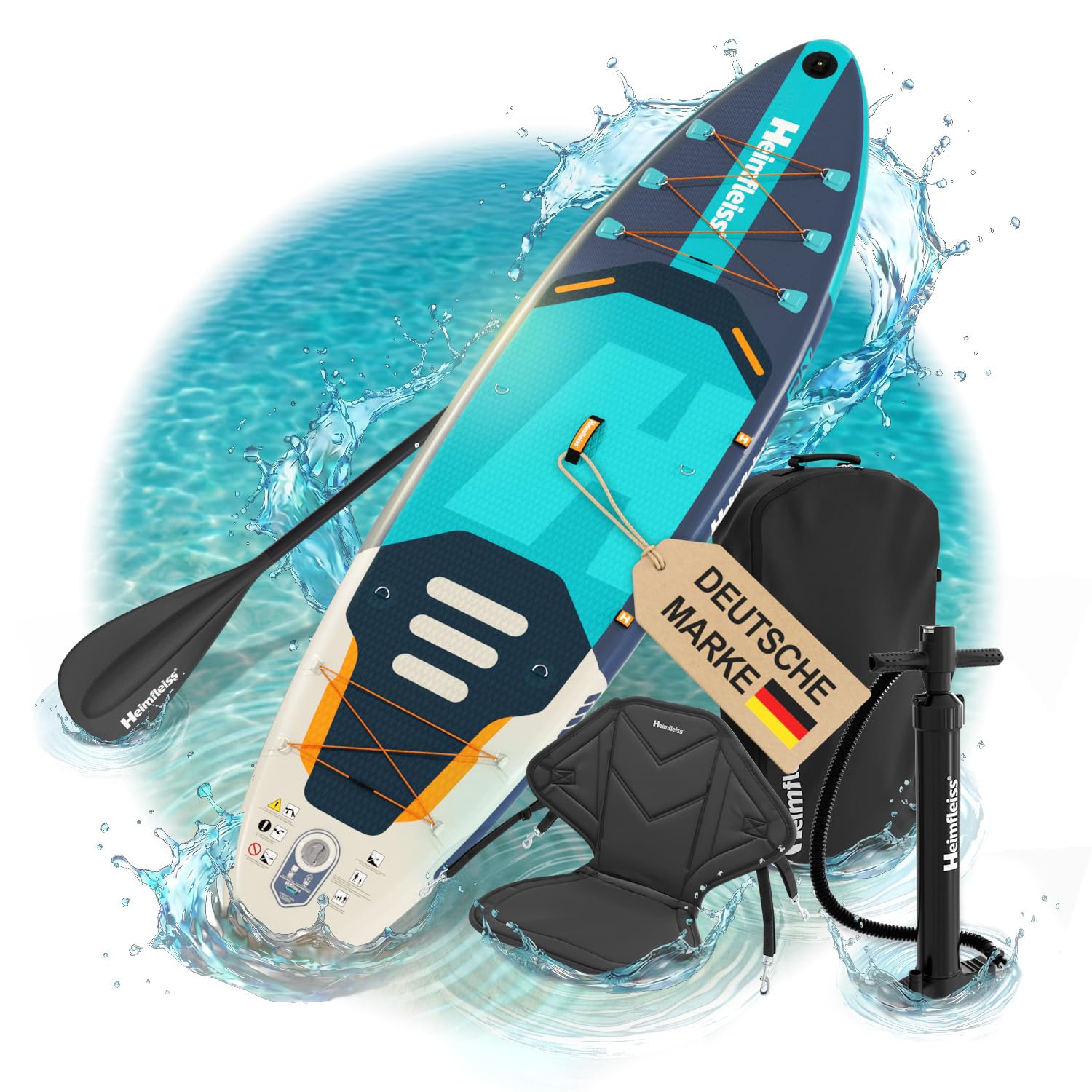 Heimfleiss® SUP Board aufblasbar | Stand Up Paddling Board Komplettset mit Sitz & Kajak-Funktion | Drop-Stitch PVC 320 x 81 x 15 cm bis 200 kg | Standup Paddle Board für Anfänger, Familie & Touren