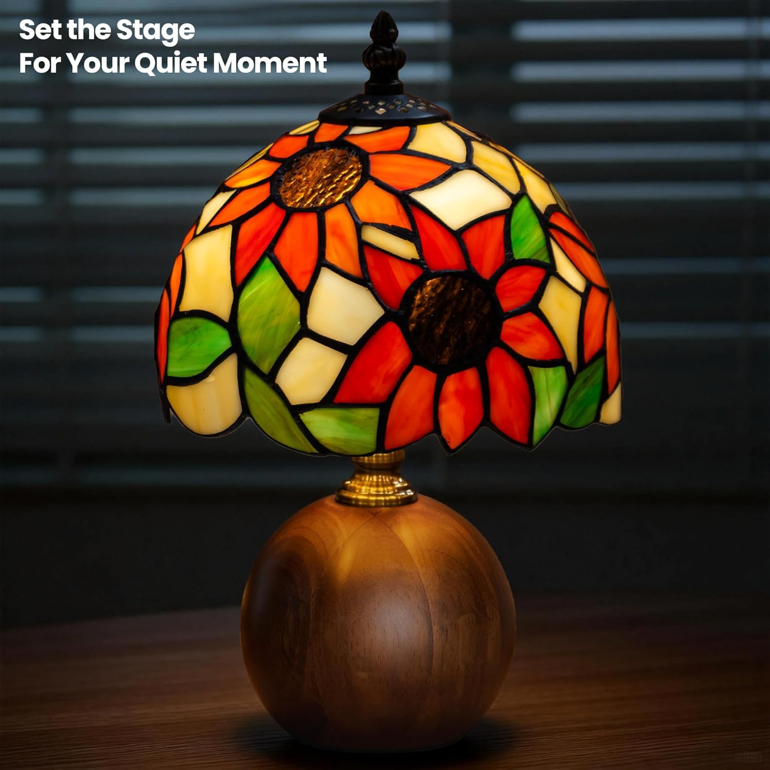 12.2" Handcrafted Sunflower Tiffany Lamp, Solid Wood Sphere Base, Stepless Dimmable Bedside Lamp for Reading Nook, Library & Mid-Century Decor, Aesthetic Antique Art Gifts, G45 LED Bulb Included