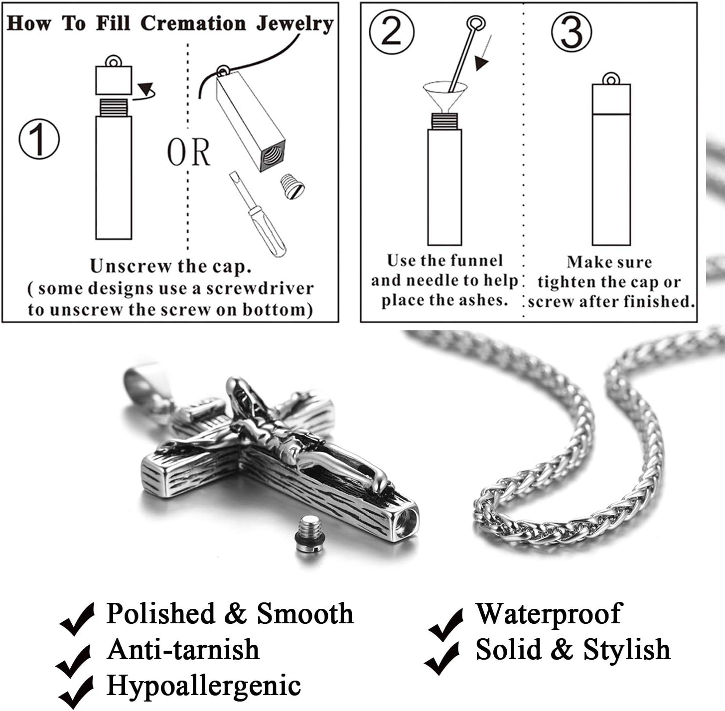Close-up of U7 Crucifix Urn Necklace and chain, highlighting polished, smooth, anti-tarnish, hypoallergenic, waterproof, solid, and stylish features