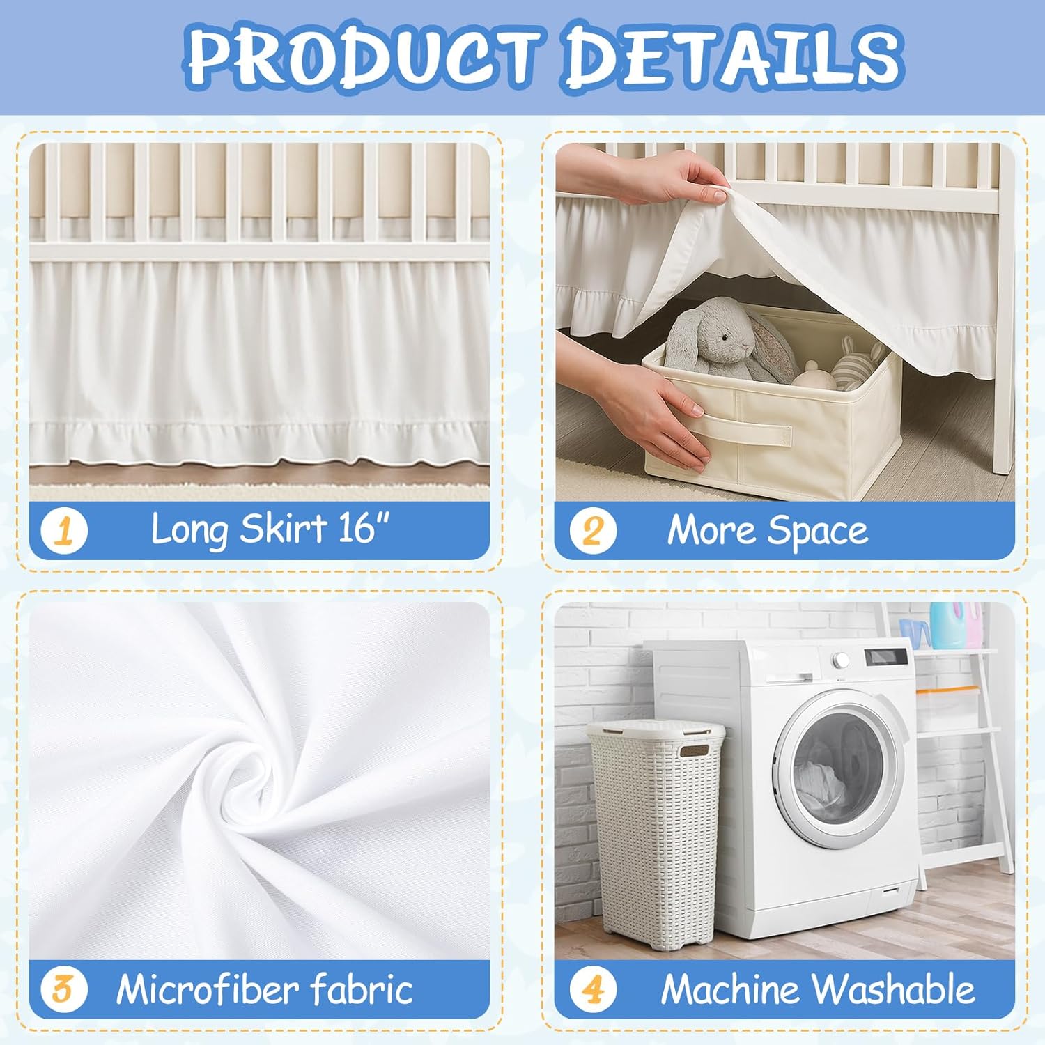White Crib Skirt Dust Ruffle 28" x 52" with 16" Drop–100% Washed Cotton Baby Bed Crib Skirt for Boys & Girls' Cribs, Durable & Fade - Resistant Nursery Bedding, Fits Standard Cribs (Boho)