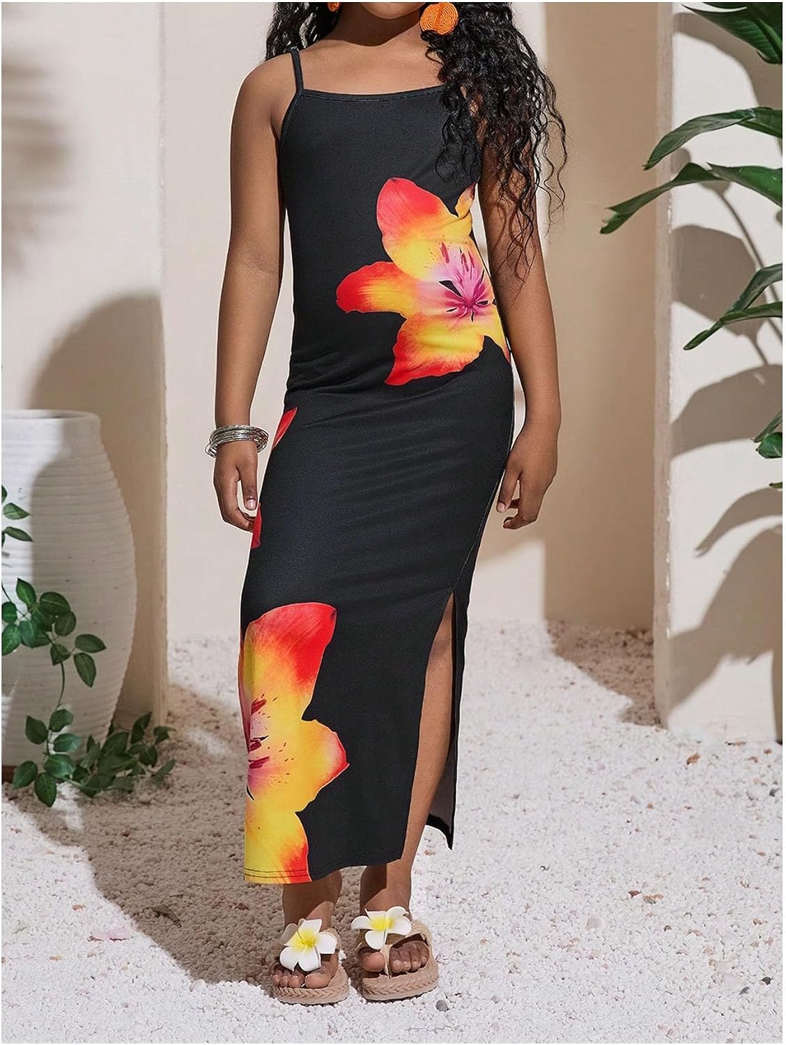 BEAUDRM Girl's Floral Cami Dress Spaghetti Strap Split Thigh Summer Vacation Maxi Dresses