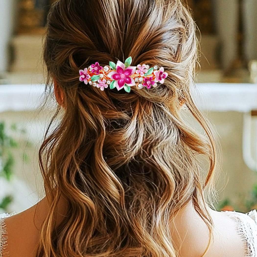 Jovono Flower Barrette Hair Clips Gold Crystal Hair Accessories for Women (2PCS) (Pink+Blue) - Image 4