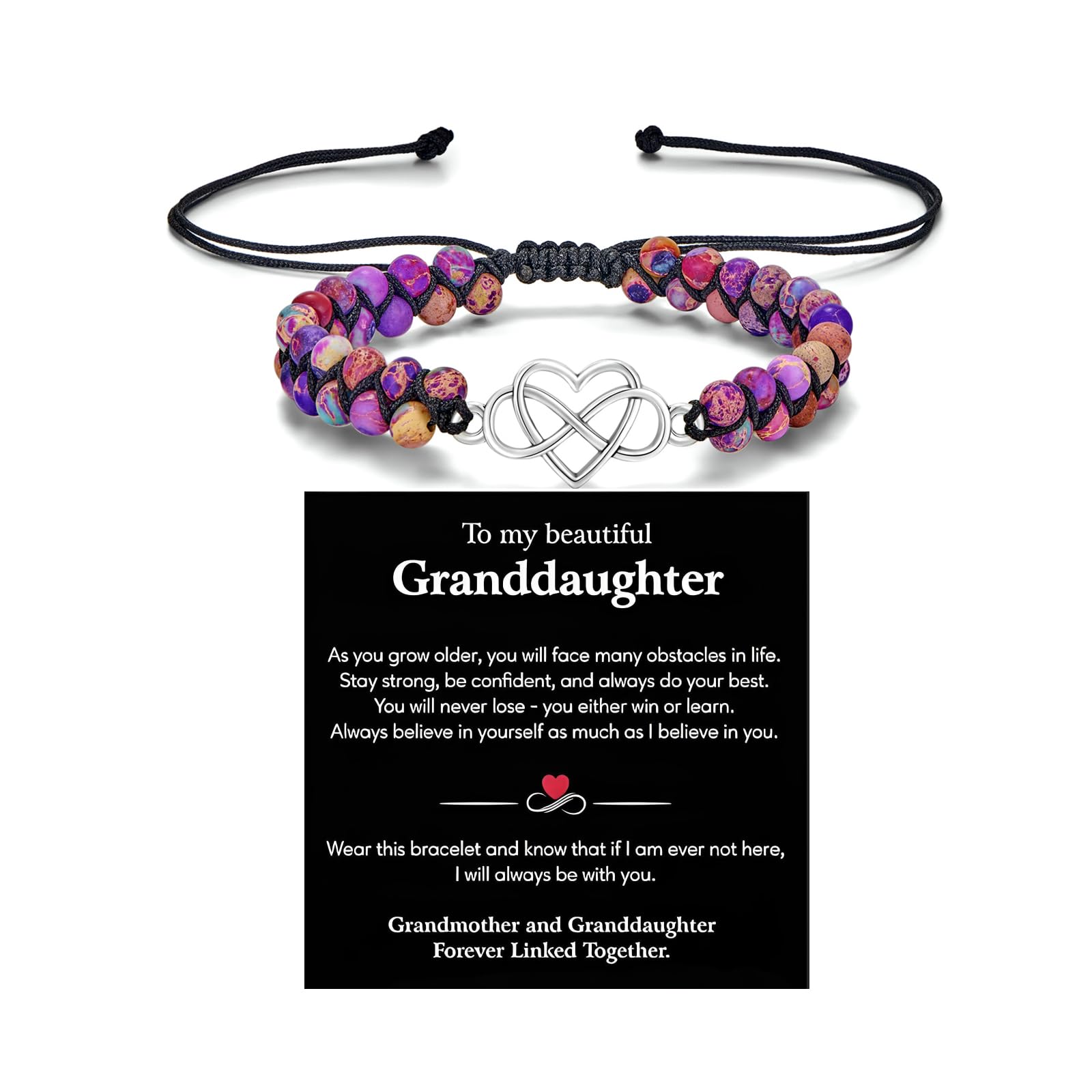 To My Granddaughter-Infinity Forever Love Heart Bracelet, Natural Emperor Stone Double Layer Purple Beaded Woven Wrap Bracelets Adjustable Mind Peace Gift Jewelry