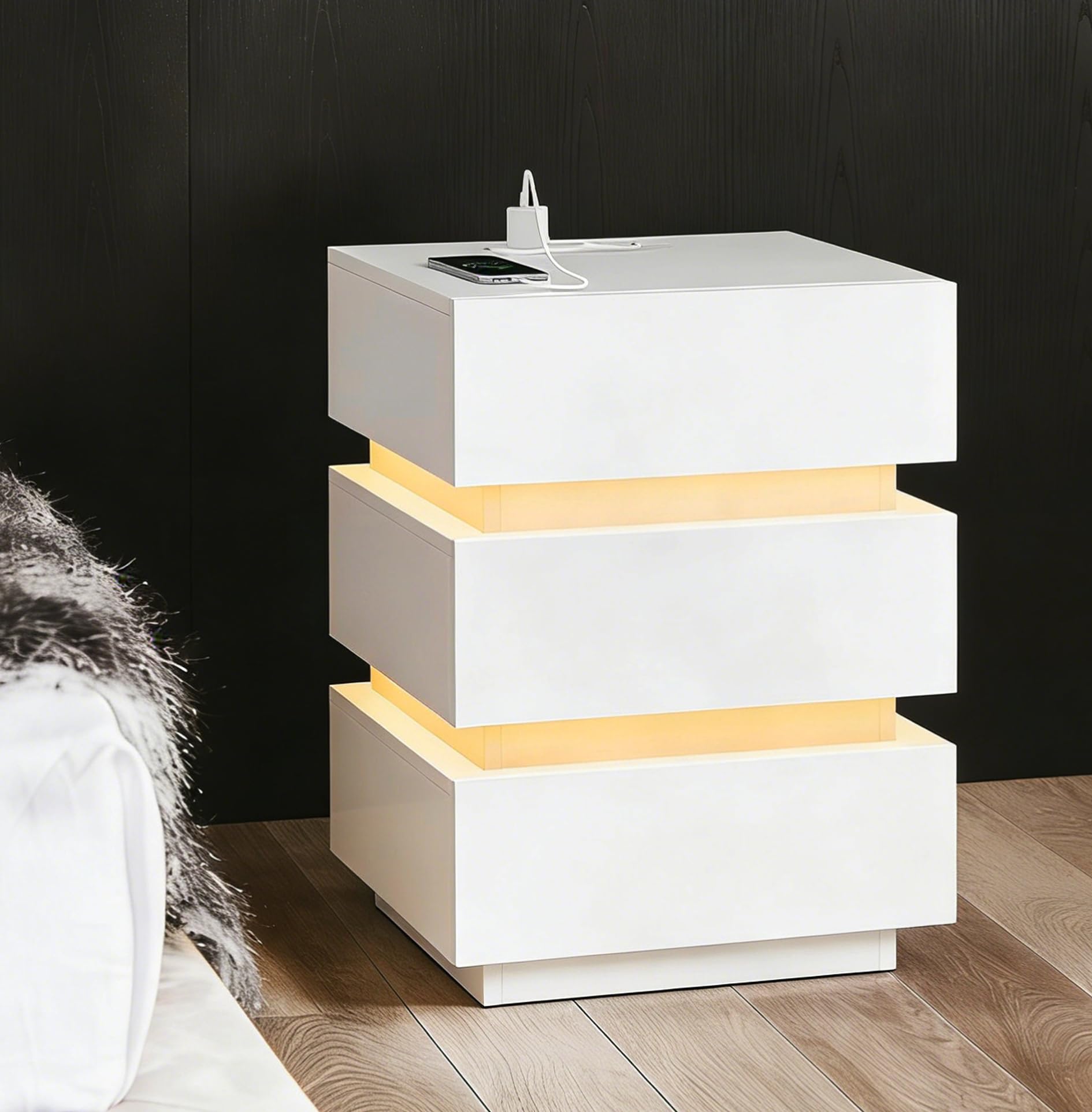Moderno Comodino Lucido Comodini con striscia luminosa a led Bianco Comò Comodino con presa Tavolino con 3 cassetti per camera da letto, soggiorno