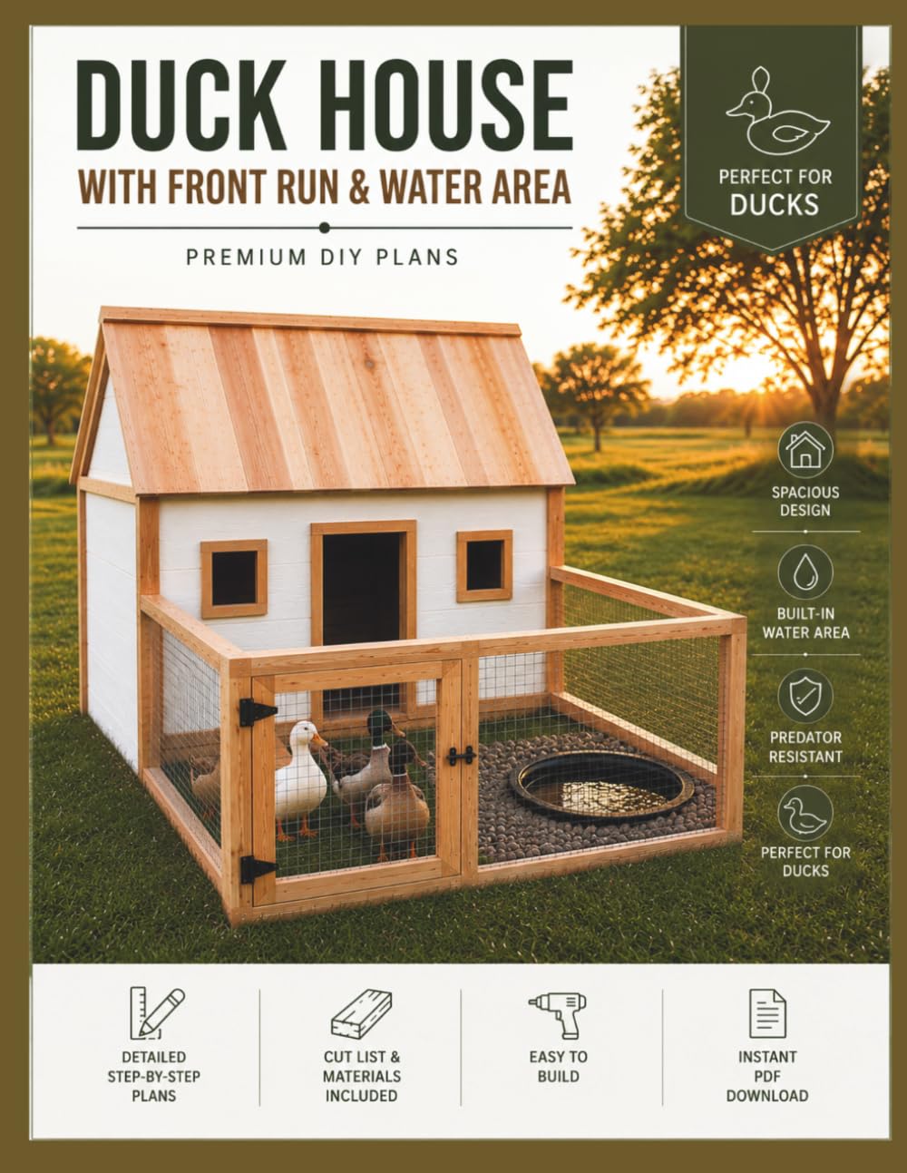 Duck House With Front Run & Water Area DIY Plans: Step-by-Step Woodworking Guide with Cut List, Materials List & Building Instructions