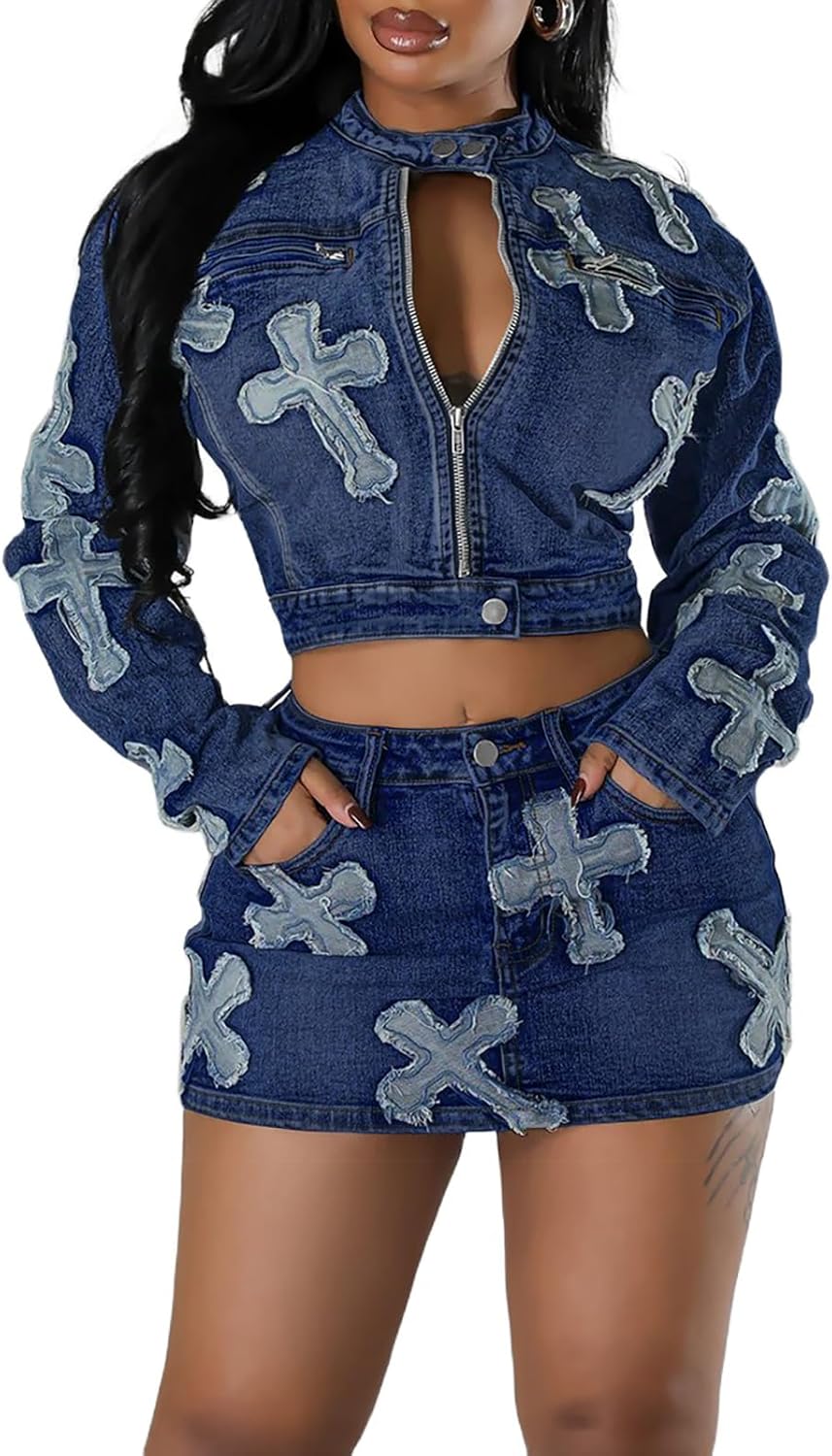 Vssjavun Women 2 Piece Denim Outfit Sexy Long Sleeve Zip Up Jean Jacket Bodycon Mini Skirt Sets