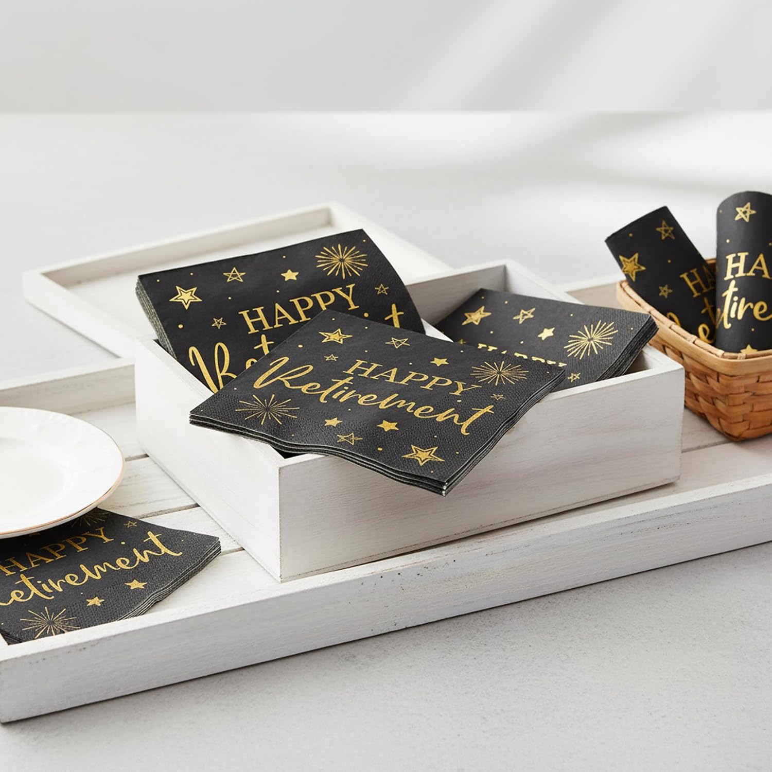 Retirement Napkins, 100Pcs Happy Retirement Cocktail Paper Napkins, Black Gold Napkin Disposable Guest Hand Towels for Retired Farewell Job Change Coworkers Leaving Going Away Moving Celebrations