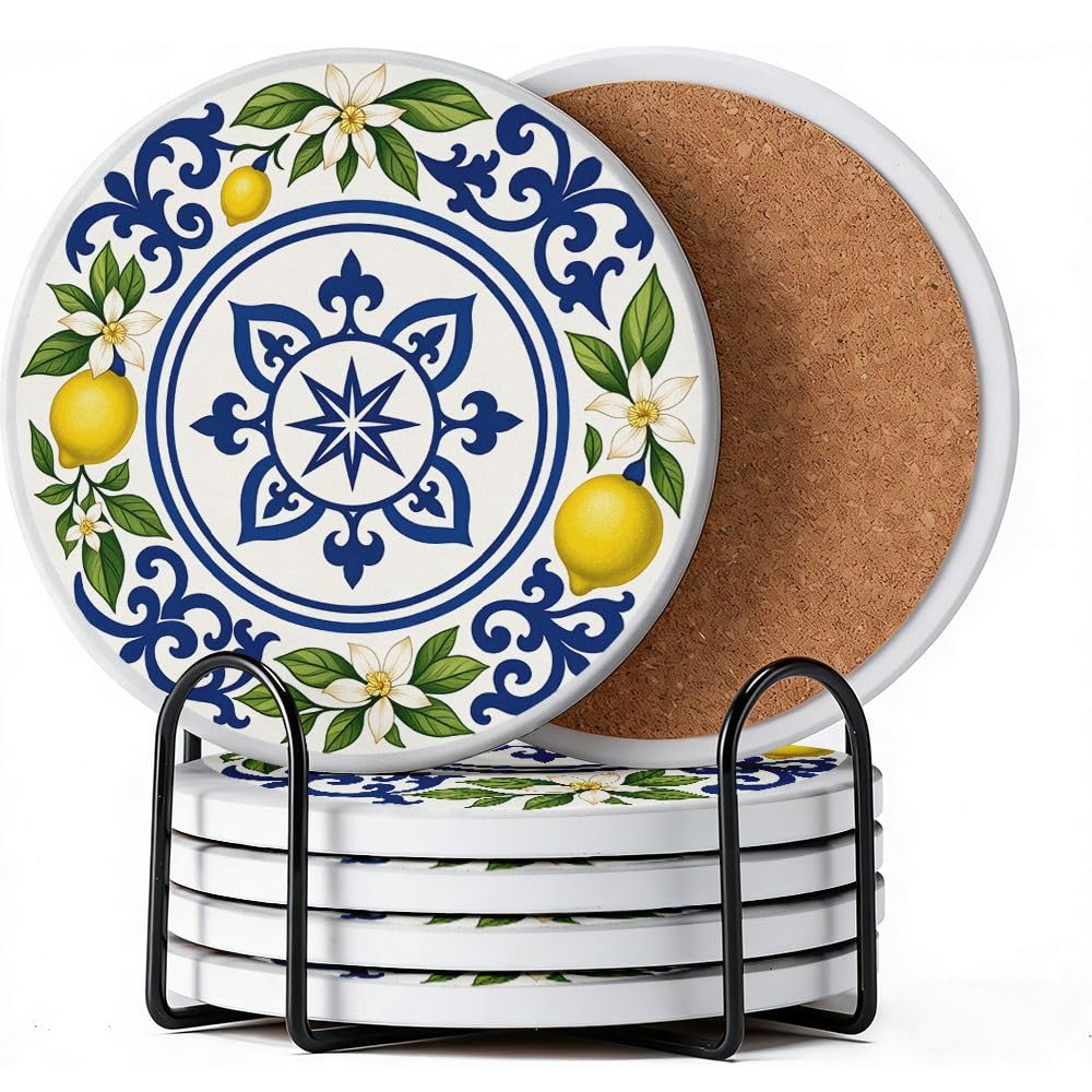 Floral Ceramic Coasters Set of 6 with Holder and Cork Base