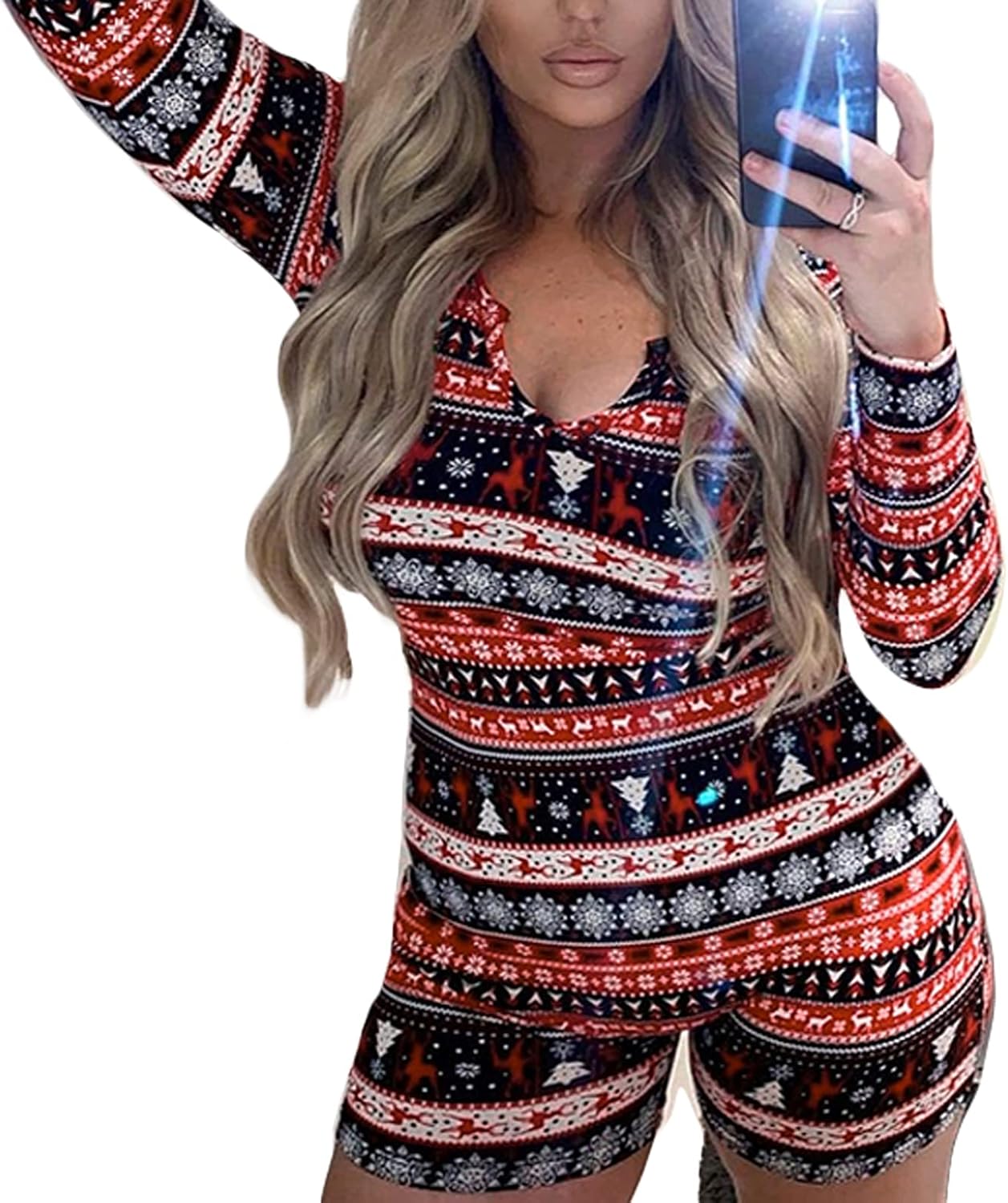 Piacakece Women Christmas Pajamas One Piece Bodycon Romper Shorts V-neck Long Sleeve Jumpsuit Pjs Playsuit - Image 5