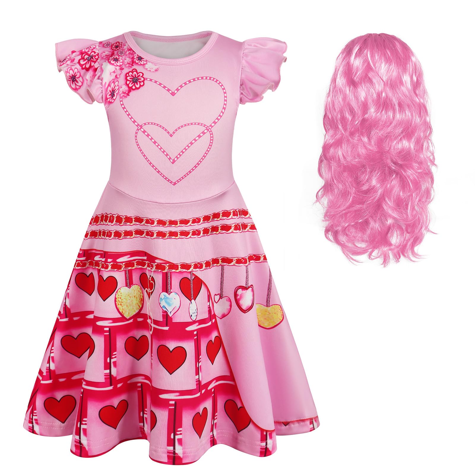 Berich Princess Pink Costume Dress for Girls Dressing up with Wig Kids Halloween Role Play Outfits World Book Day Pink Costume 3-4 Years,120
