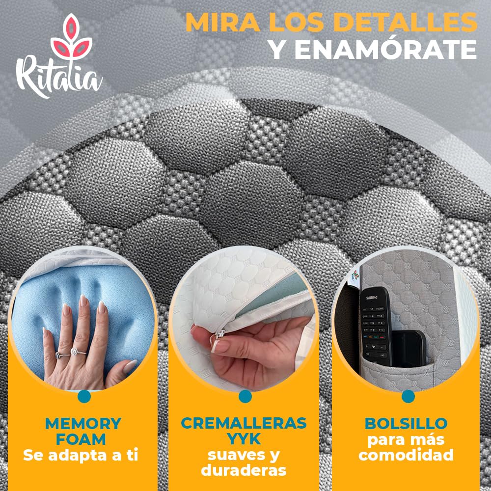 Ritalia Cuña Antireflujo Adulto 65x60x20 cm para Elevar Colchón con Gel Viscoelástica, Cojín de Lectura con Funda Lavable de Bambú, Respaldo Cama, Espuma CertiPUR