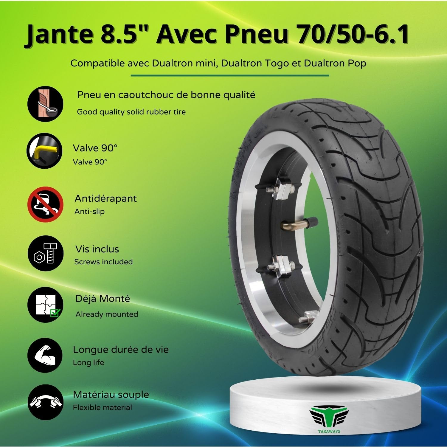Jante Arrière Compatible avec Trottinette électrique Dualtron mini et Dualtron Togo, pop, Jante et Pneu 70/50-6.1 (Rim+pneu 8.5x3)