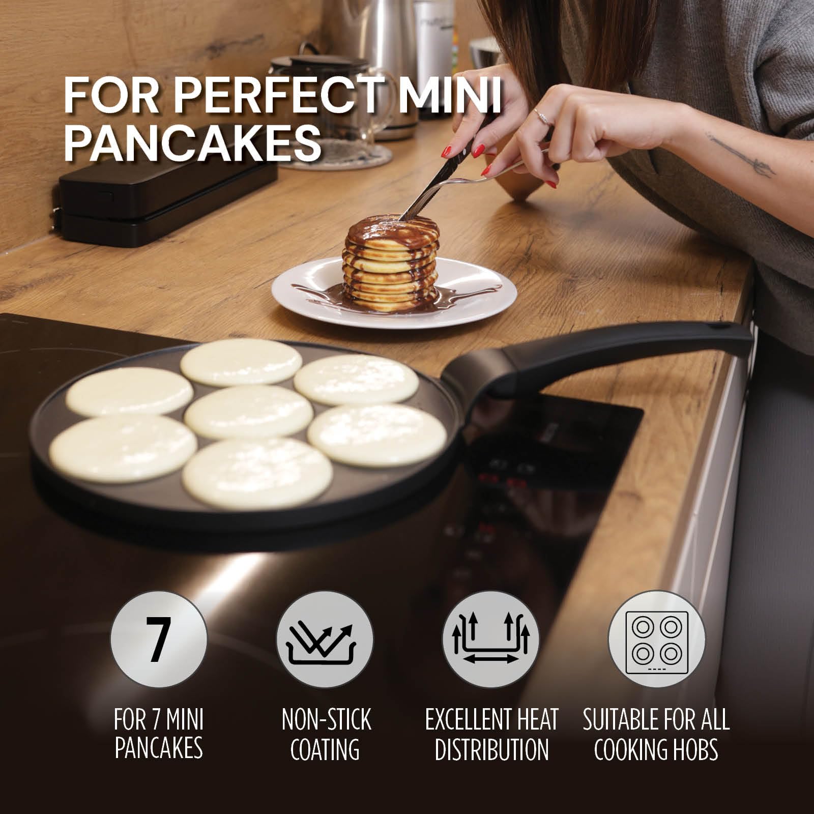 ROSMARINO Pancake Pan - Panqueque perfecto cada vez: 7 Mini formas americanas Crepes Sartén - Antiadherente, SoftTouch