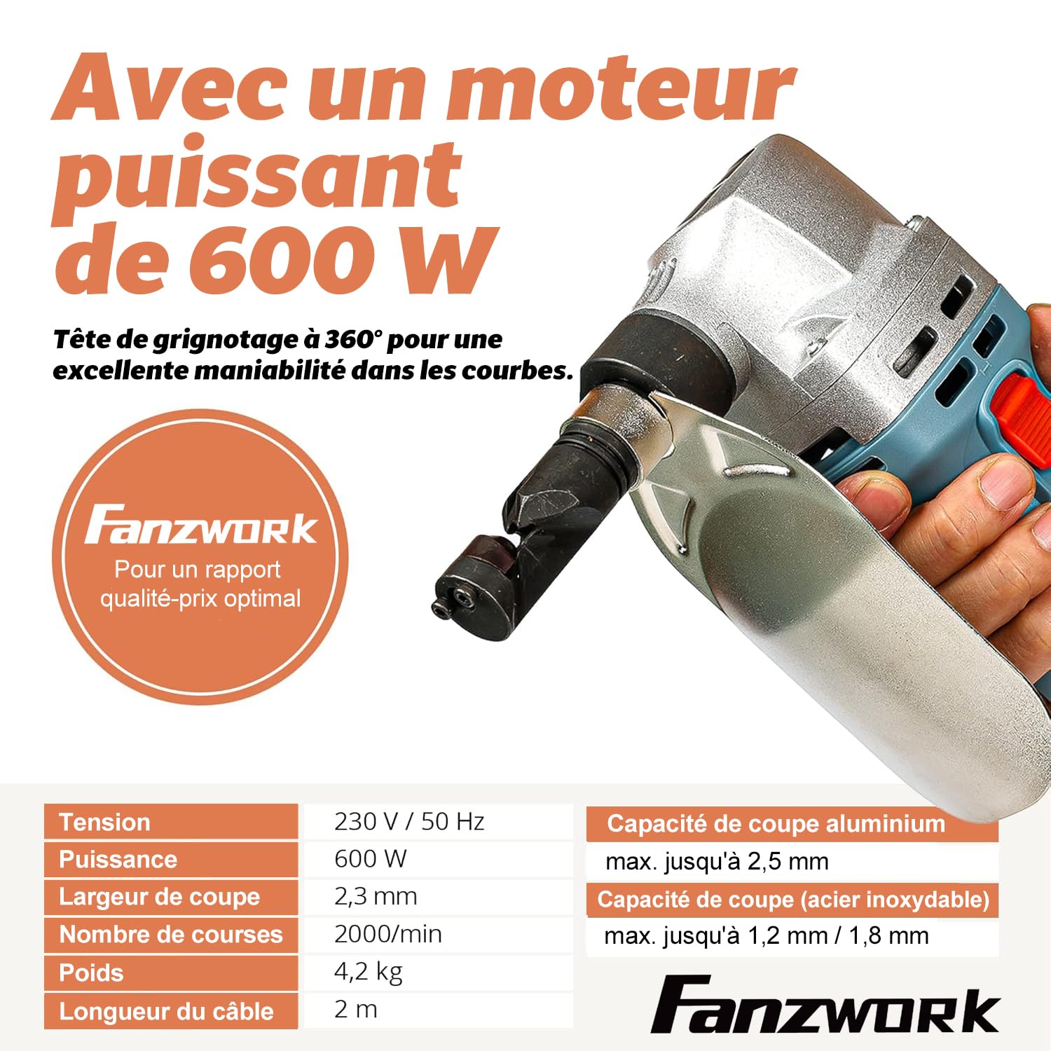 FANZWORK Grignoteuse électrique pour Tôle et Plastique 600W, avec Boîte à Outils et 2 Goupilles Cannelées, 2000 tr/min max, Tête de Coupe Orientable à 360°, Outil de Découpe du Métal