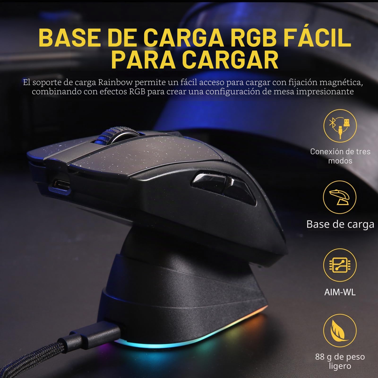 DAREU A950 Ratón Gaming con Base de Carga RGB, ratón inalámbrico Ligero de 88g, programable y con Tres Modos, hasta 12 000DPI, 1000Hz, 120 Horas de autonomía con retroiluminación RGB for PC y Mac