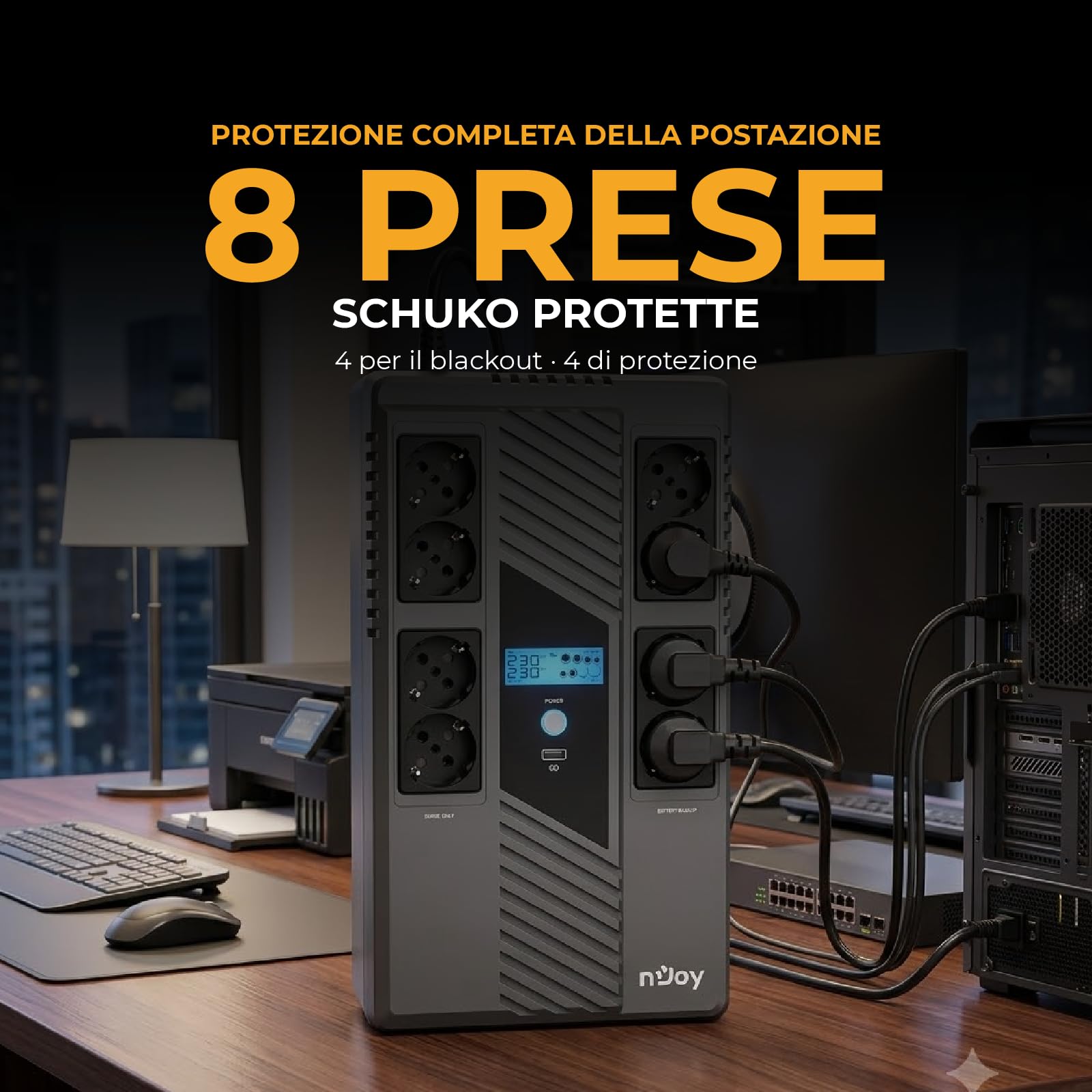NJOY Token 800 UPS Gruppo di Continuità 800VA 480W | 8 Prese Schuko | Tecnologia Line Interactive AVR | Caricatore USB 2.1A | Display LCD | Software PC Incluso | Protezione Blackout per PC Router NAS