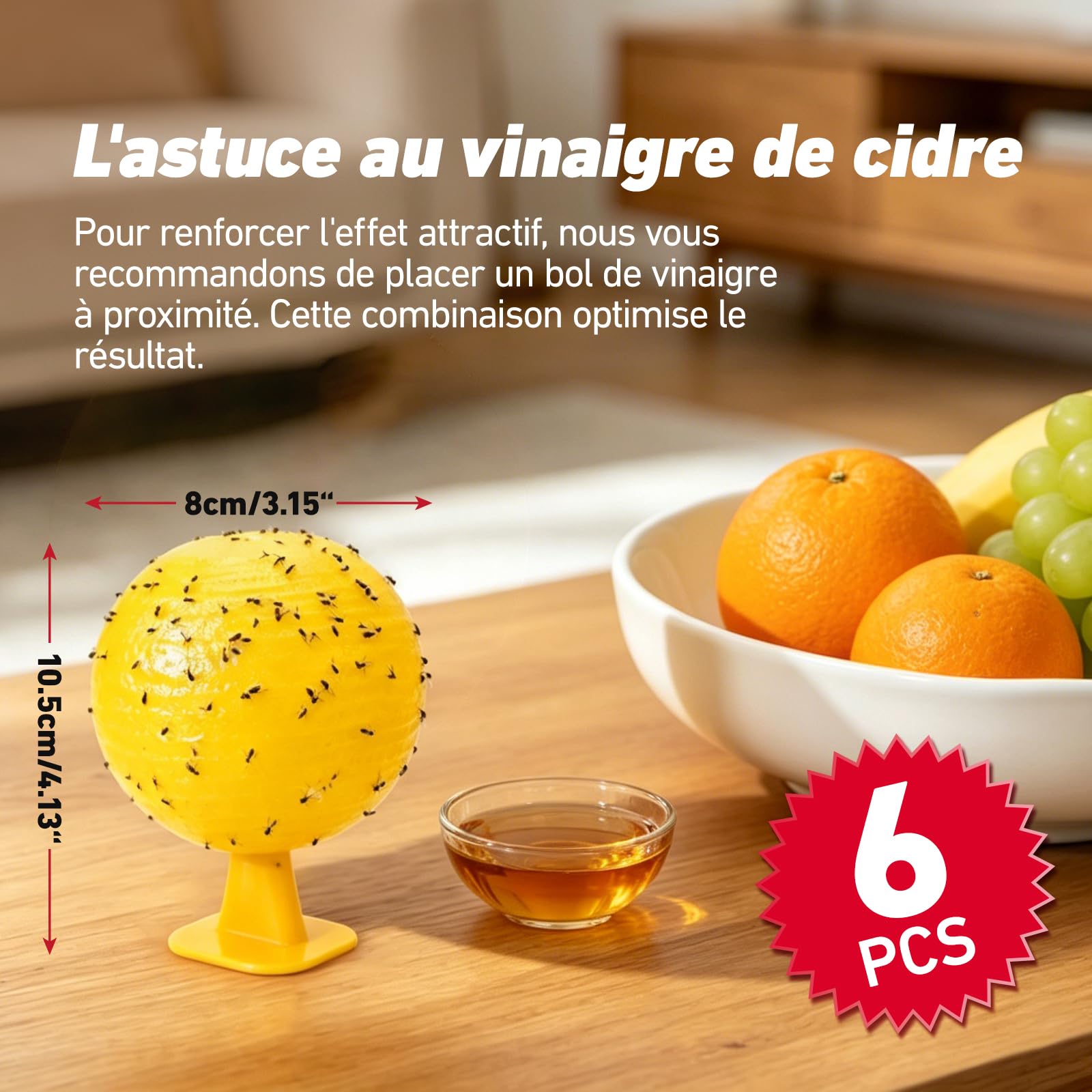 Boule Anti Moucherons Cuisine Lot de 6, Piège Mouches Fruits sans Produits Chimiques, Boules Jaunes Réutilisables pour Fruits, Évier, Plantes, Poubelle et Maison