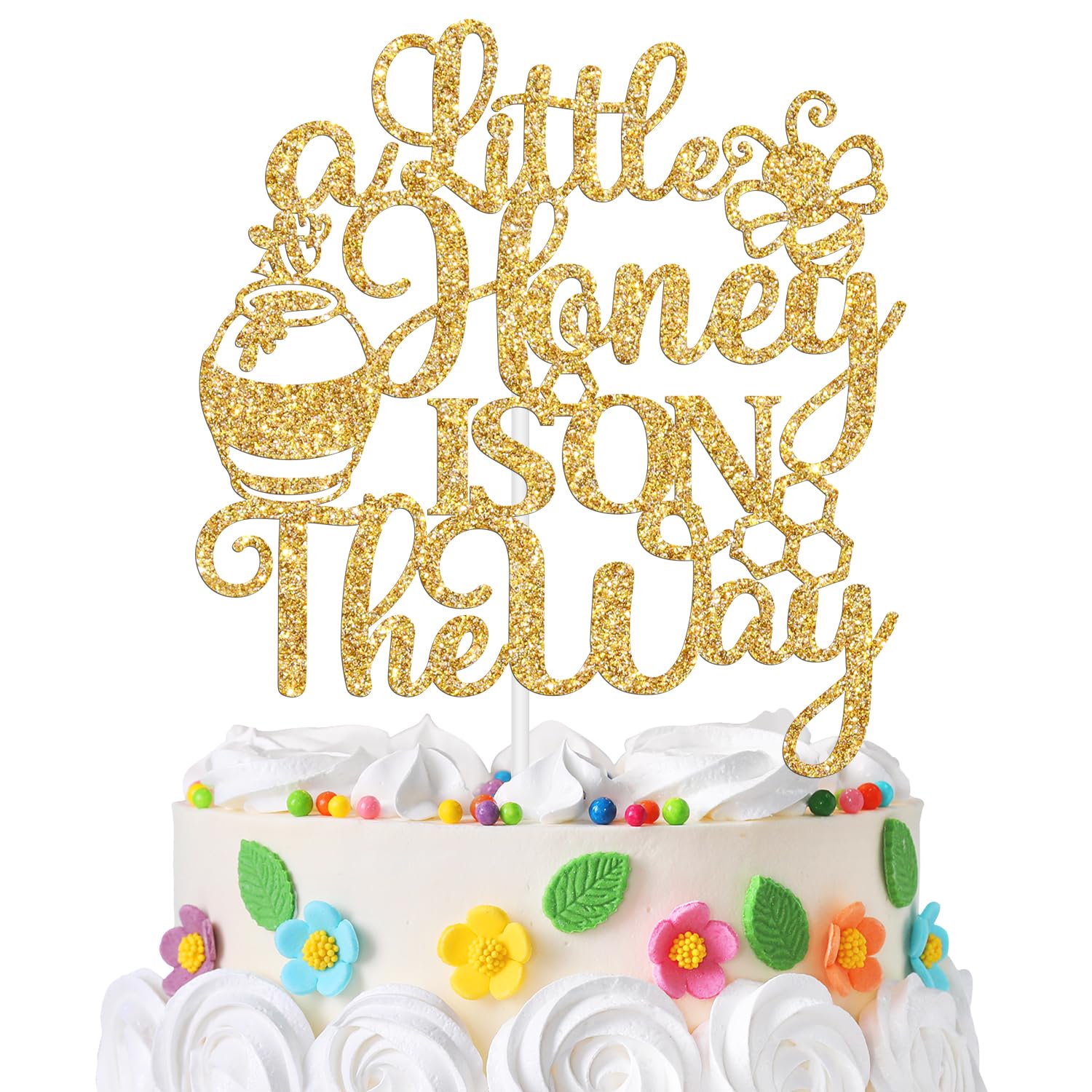 A Little Honey is on the Way Cake Topper, Oh Babee/Welcome Little One, Honey Bee Theme Pregnancy Announcement/Baby Shower Party Decoration Supplies, Gold Glitter