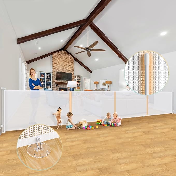 205'' Retractable Baby Gates Extra Wide,42" Extra Tall Retractable Dog Gate for Doorways,Safety Upgrade Reinforcement Rods Extra Long Retractable Baby Gate for Stairs, Indoor/Outdoor Retractable Gate