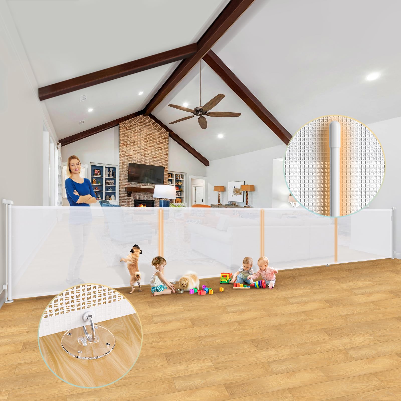 205'' Retractable Baby Gates Extra Wide,42" Extra Tall Retractable Dog Gate for Doorways, Safety Upgrade Extra Long Retractable Baby Gate for Stairs, Indoor/Outdoor Retractable Gate - White