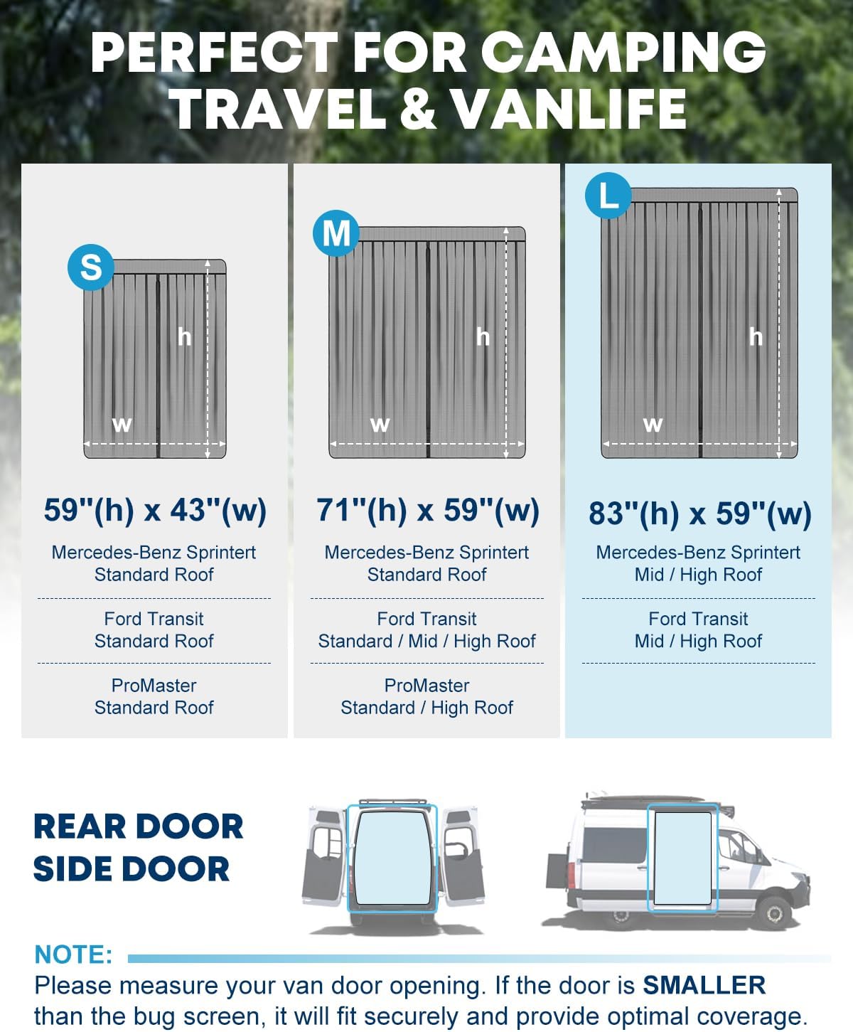 Kohree Van Bug Screen, Full Magnetic Strips Door Van Mesh Screen Curtain, Universal Size for Side Door and Rear Door Flyscreen Sprinter Mosquito Net for Mercedes Motorhome Camper(Large, 83" H x 59" W)