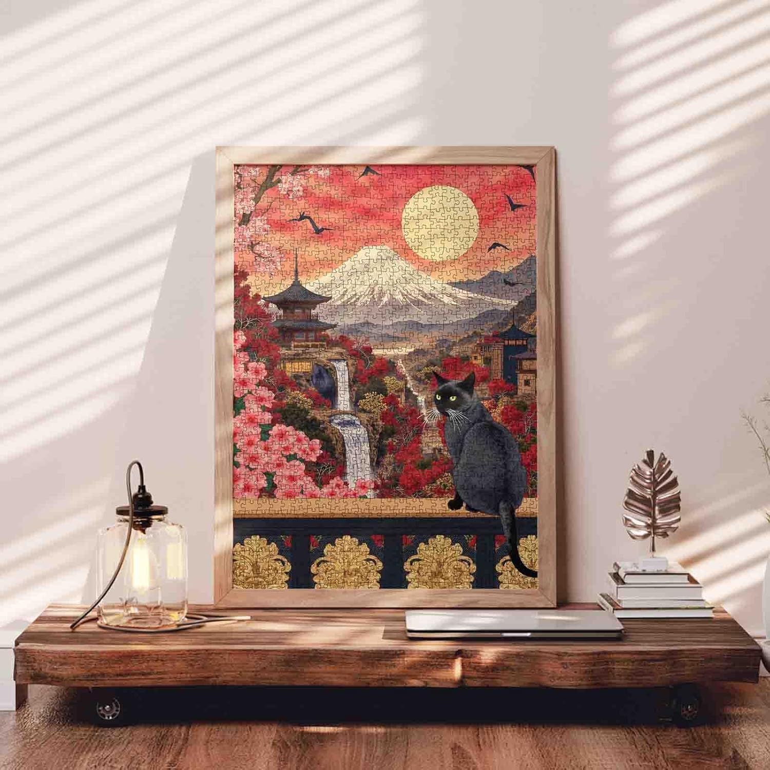 Black Cat with Mount Fuji 1000 Piece Jigsaw Puzzle for Adults Students Japanese Landscape Red Sky Waterfalls Cherry Blossoms Vibrant Colors Art Jigsaws 20X27 Inches Relaxing Challenging Puzzles
