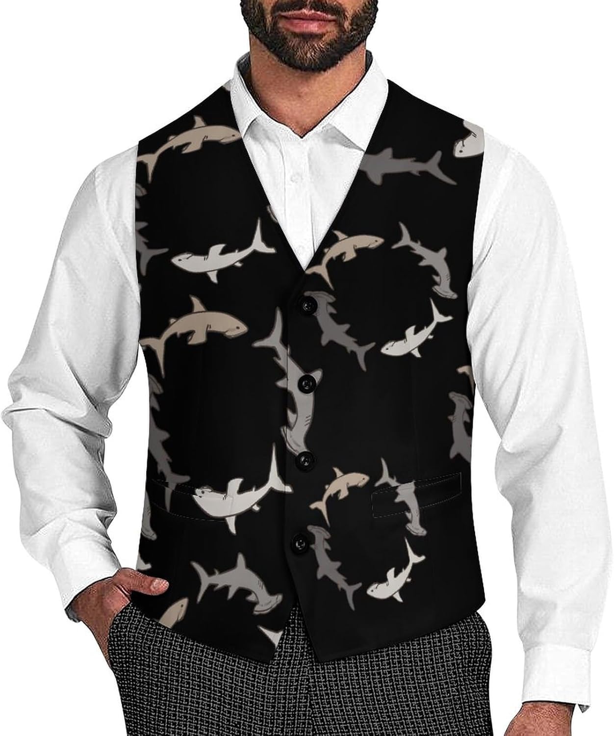 Hammerhead Shark Chase Casual Suit Vest for Men Formal Business Dress Regular Fit Waistcoat Tuxedo
