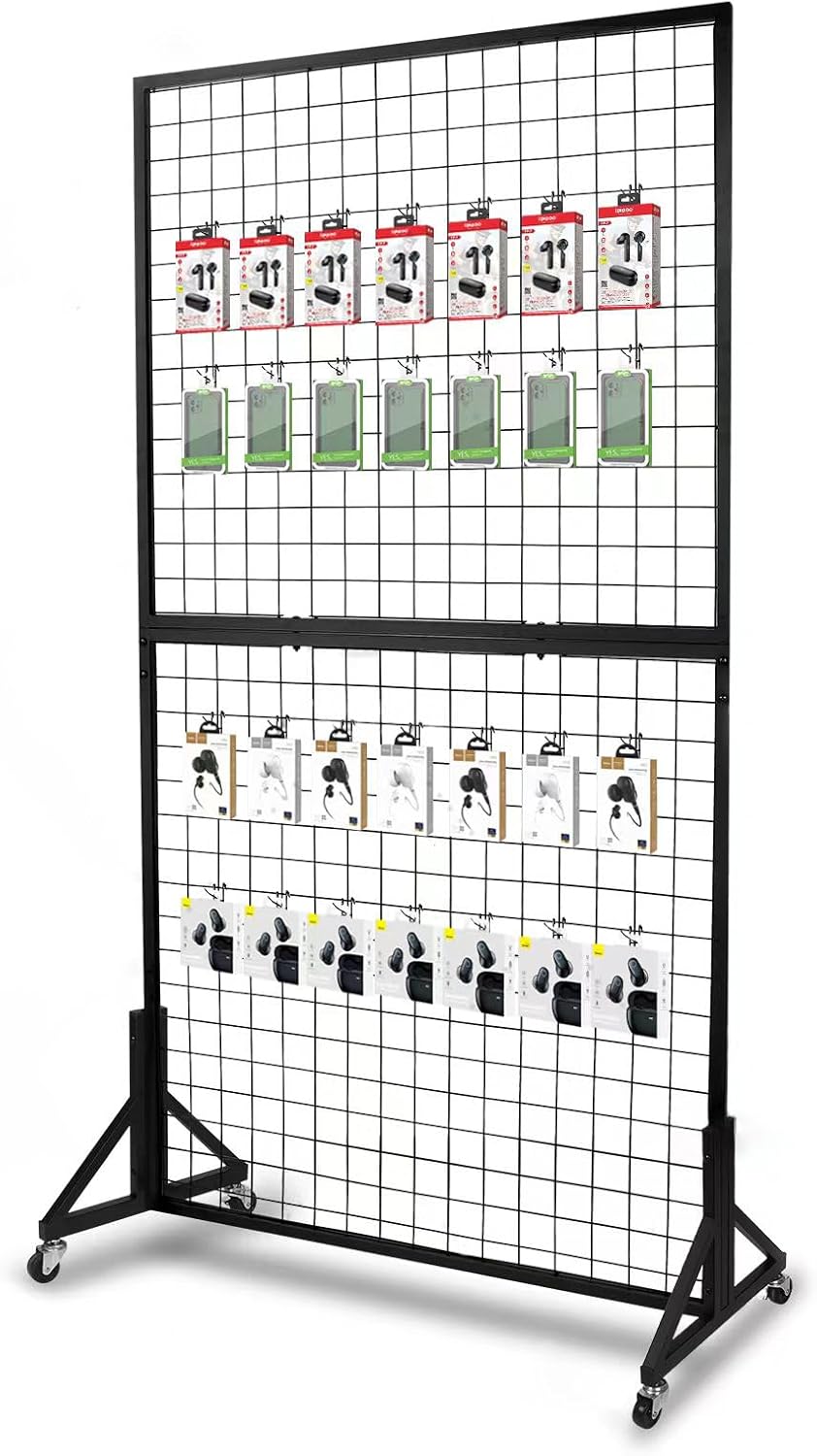 1 Pack 3'x 6' Two-Double Gridwall Panel Display Racks with Sturdy T-Base, Black Grid Wall Panels Display Stand, Display Rack Craft Show, Art Display Stand