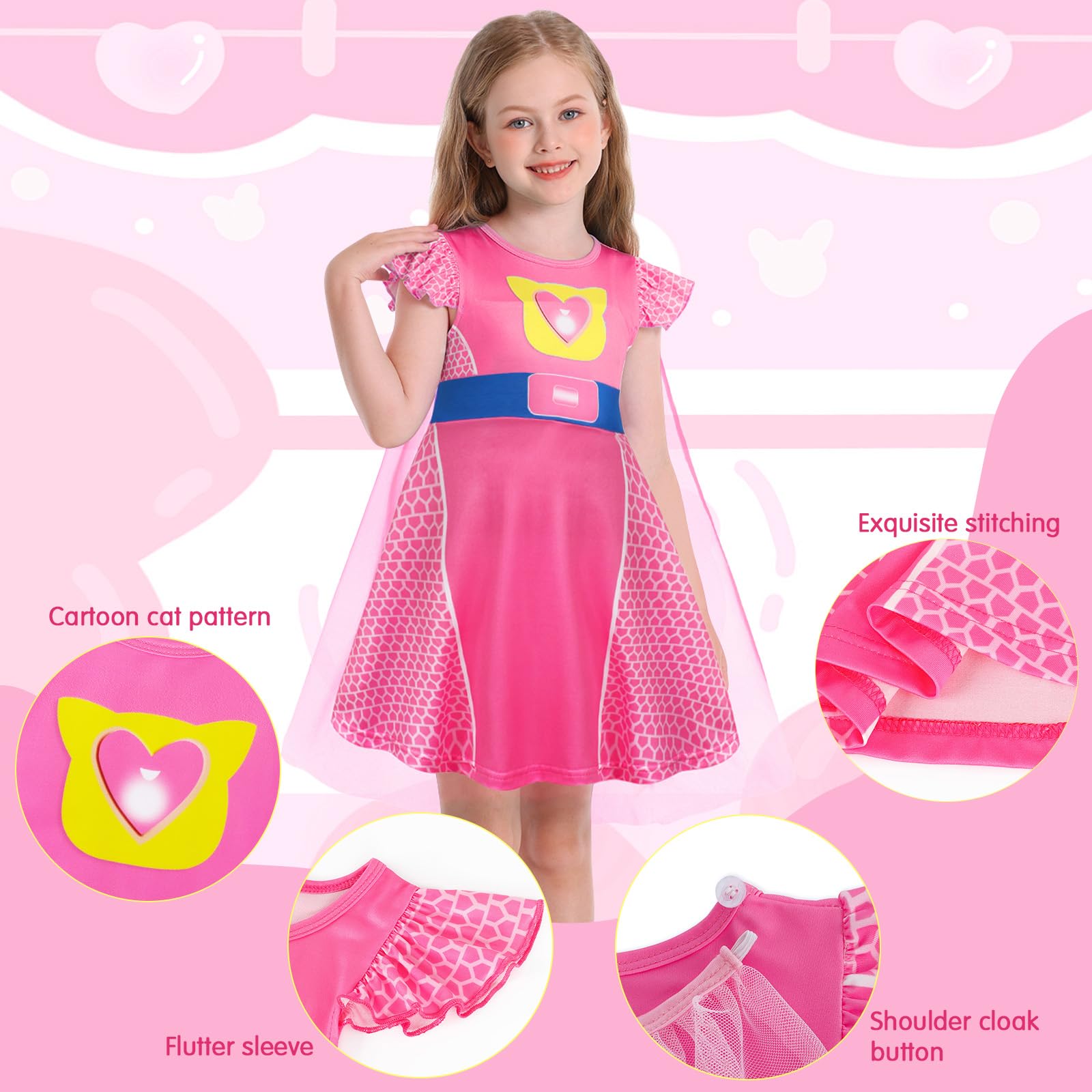 Marendyee Christmas Costume Kids-World Book Day Costumes Children's Fancy Dress up,Little Girls Pink Princess Party Dress with Cat 3D Print,Theme Party Cosplay Outfit and Mesh Cloak 9-10 Years - Image 3