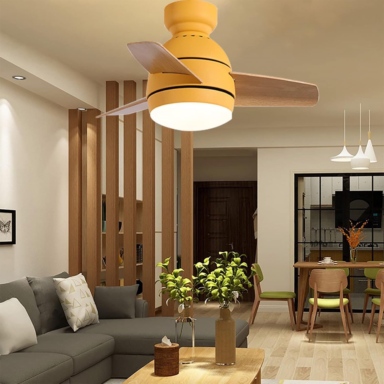 Ventilador de Techo con Luz y Mando a Distancia Silencioso Moderno 3 Colores Temperatura Lampara Ventilador Techo Led 6 Velocidades Ventilador Techo Verano Invierno para Dormitorio Salón, Amarillo