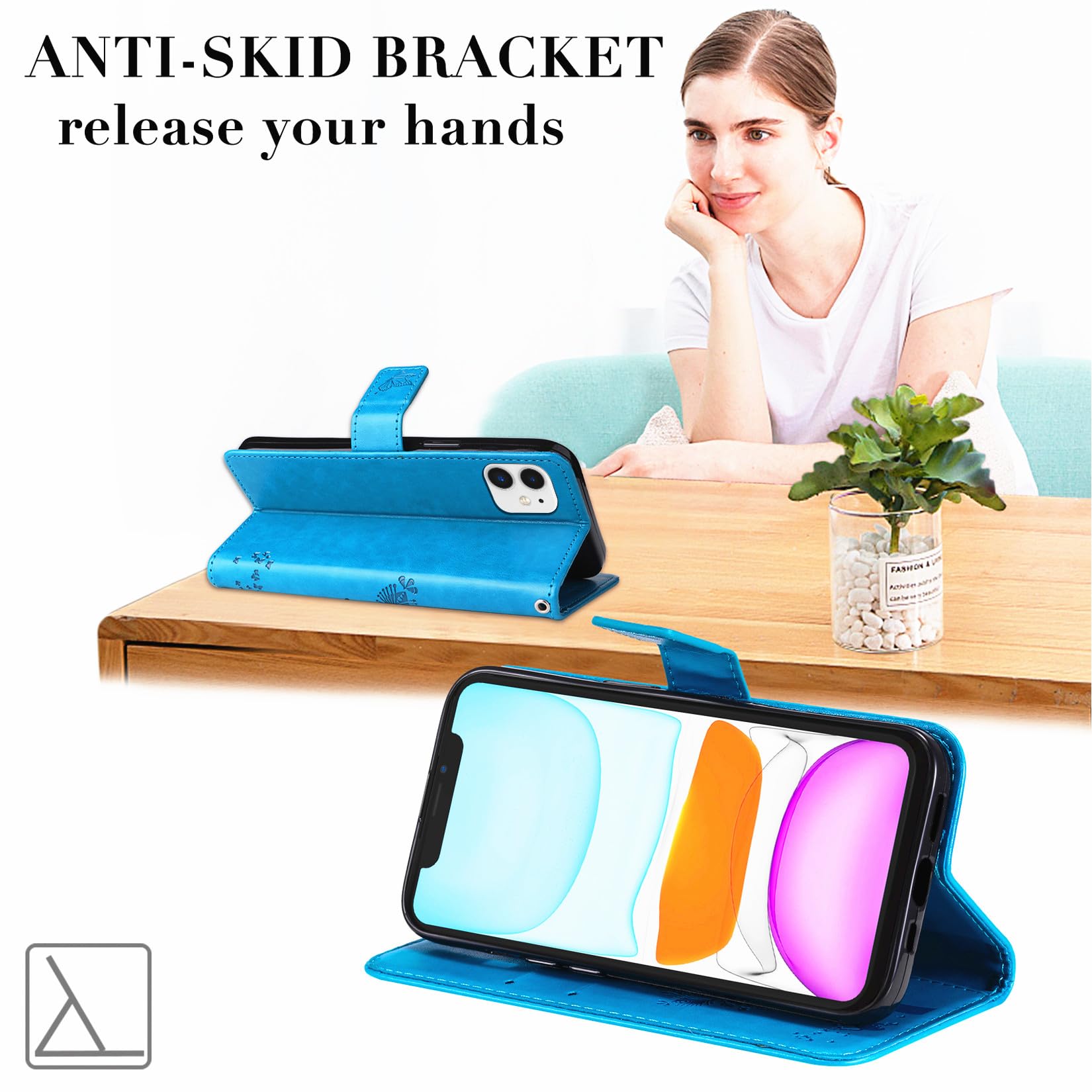 PHINIENLAND For IPhone 11 Leather Wallet Case,Flip Protective Book Cover With Card Holder,Stand Wrist Strap Magnetic Flip Cover Compatible With For