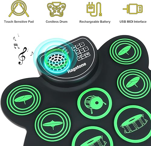 Miniatura 5 de Ragstone Juego de batería electrónica, batería enrollable para niños con altavoz estéreo dual, MIDI, pedales de pie, baquetas, batería eléctrica
