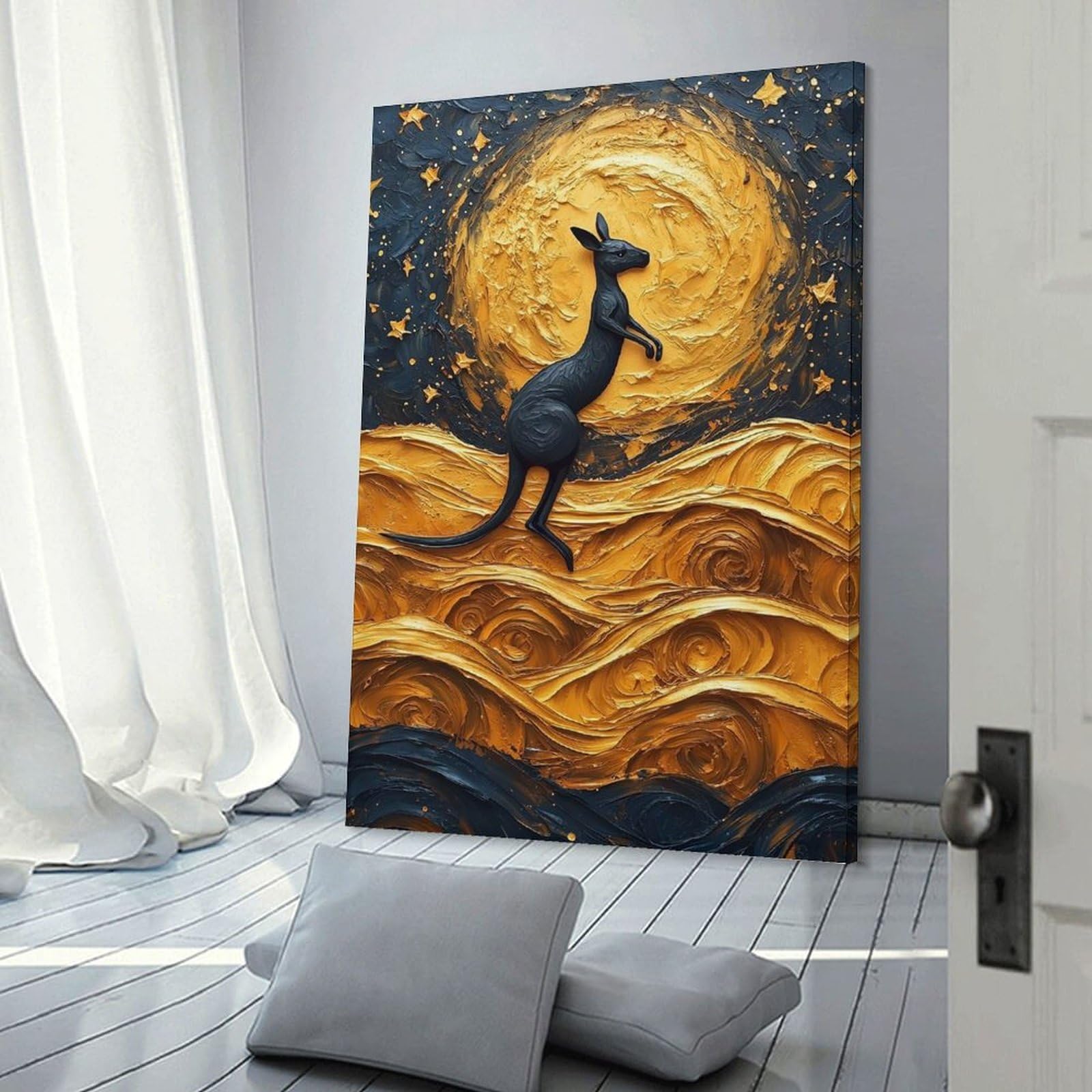 Junmoney Wall Art Print Kangaroo Under A Golden Moon Painting, 08x12inch(20x30cm), for Home Lounge, Bedroom Or Reading Nook, Modern Wall Decor for Cosy Interiors