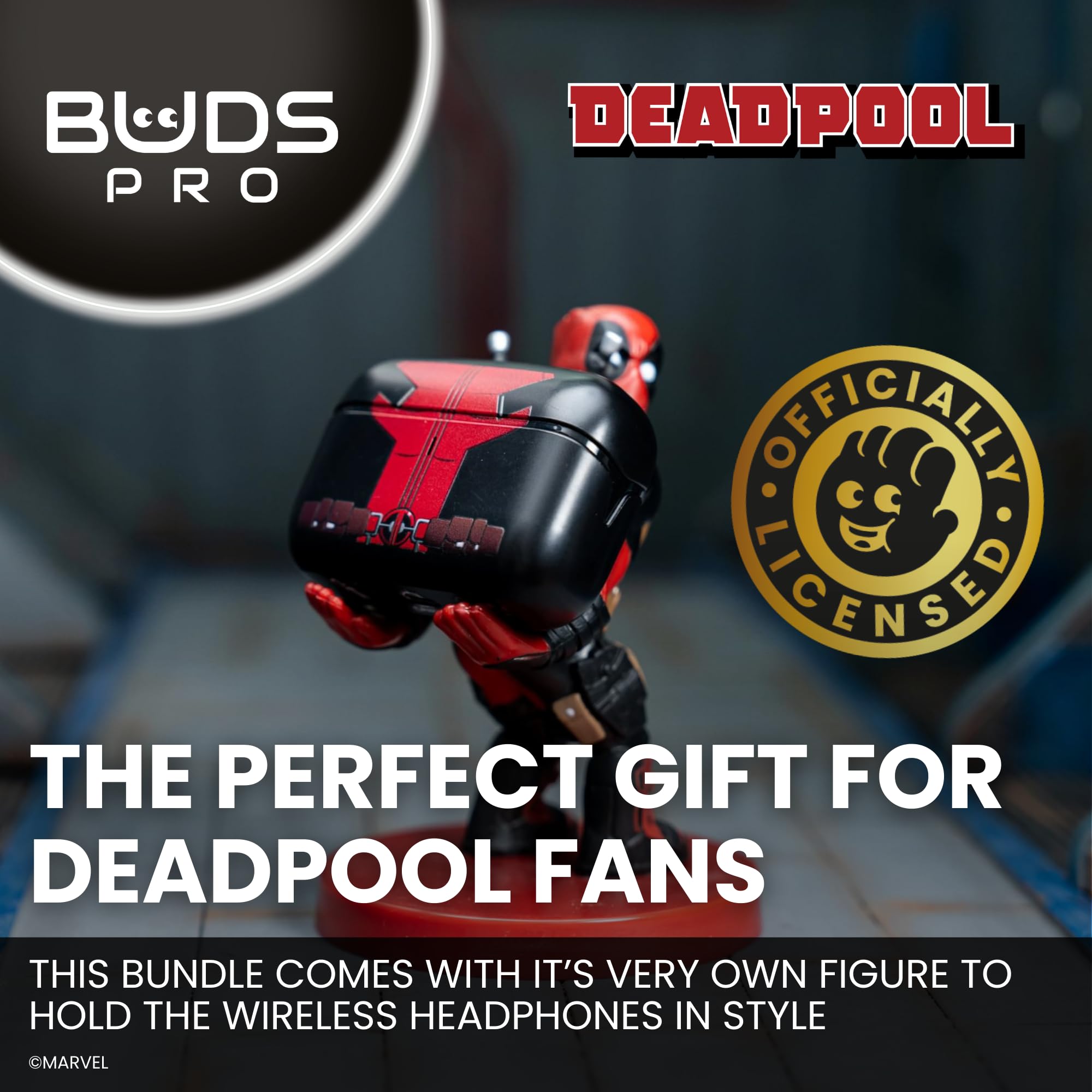 Buds Pro Marvel Deadpool Auriculares inalambricos Bluetooth y Soporte movil - Cascos inalambricos in ear con microfono, 28+ horas de reproducción, Auriculares cancelacion ruido con certificación IPX4