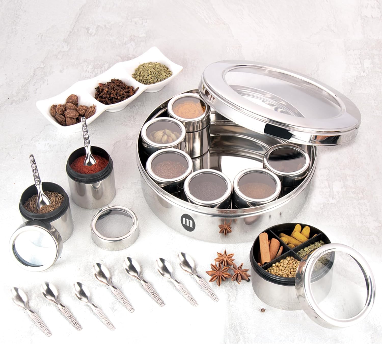 MARU Extra Large 12 in 1 Spice Box for kitchen with Threaded Lids | Masala Box For Kitchen Steel | Masala Container For Kitchen See Through Lid (Size 14 Extra Large 24.5cms) Silver (B0CCVNV1Z4) Amazon Price History, Amazon Price Tracker