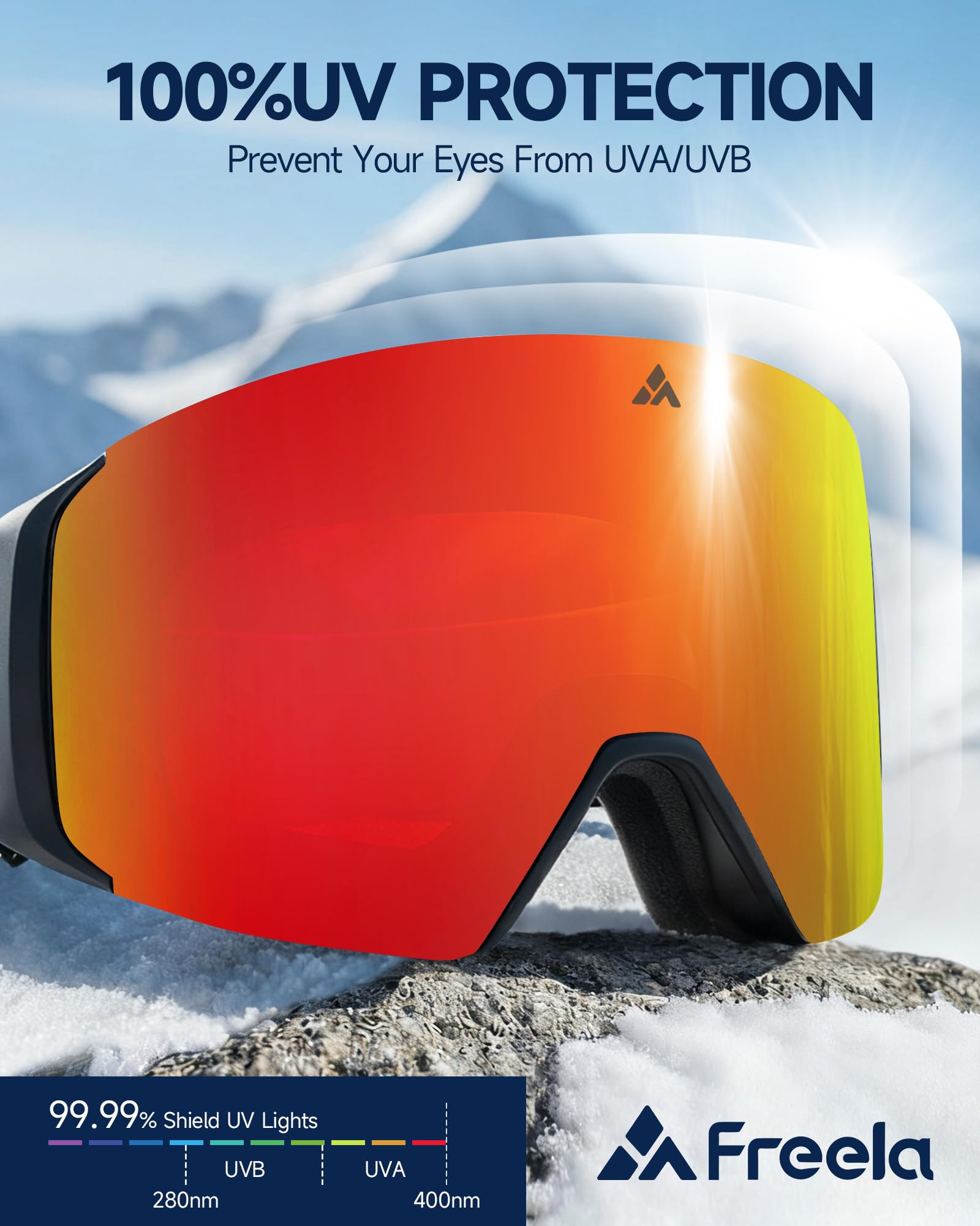 Freela Skibrille, rahmenlos, magnetisch, OTG, austauschbare Gläser, UV400-Schutz, Anti-Beschlag, für Erwachsene, Herren, Damen
