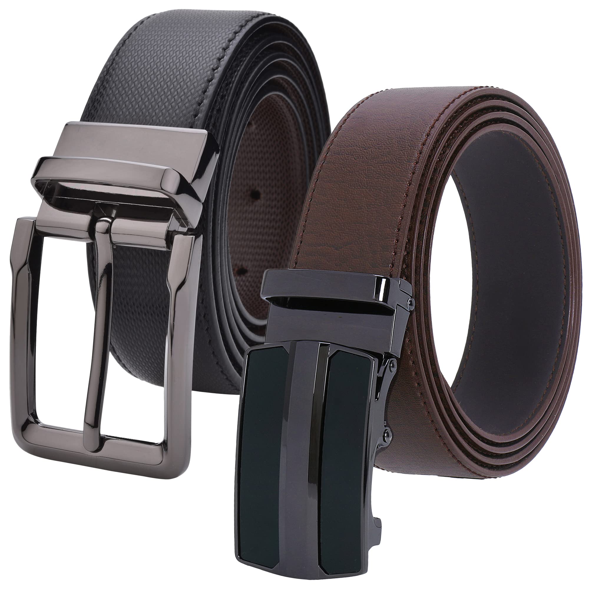 LabnoftMen's PU Leather Auto Lock & Reversible Belt Combo (005+035-Brown+XL)
