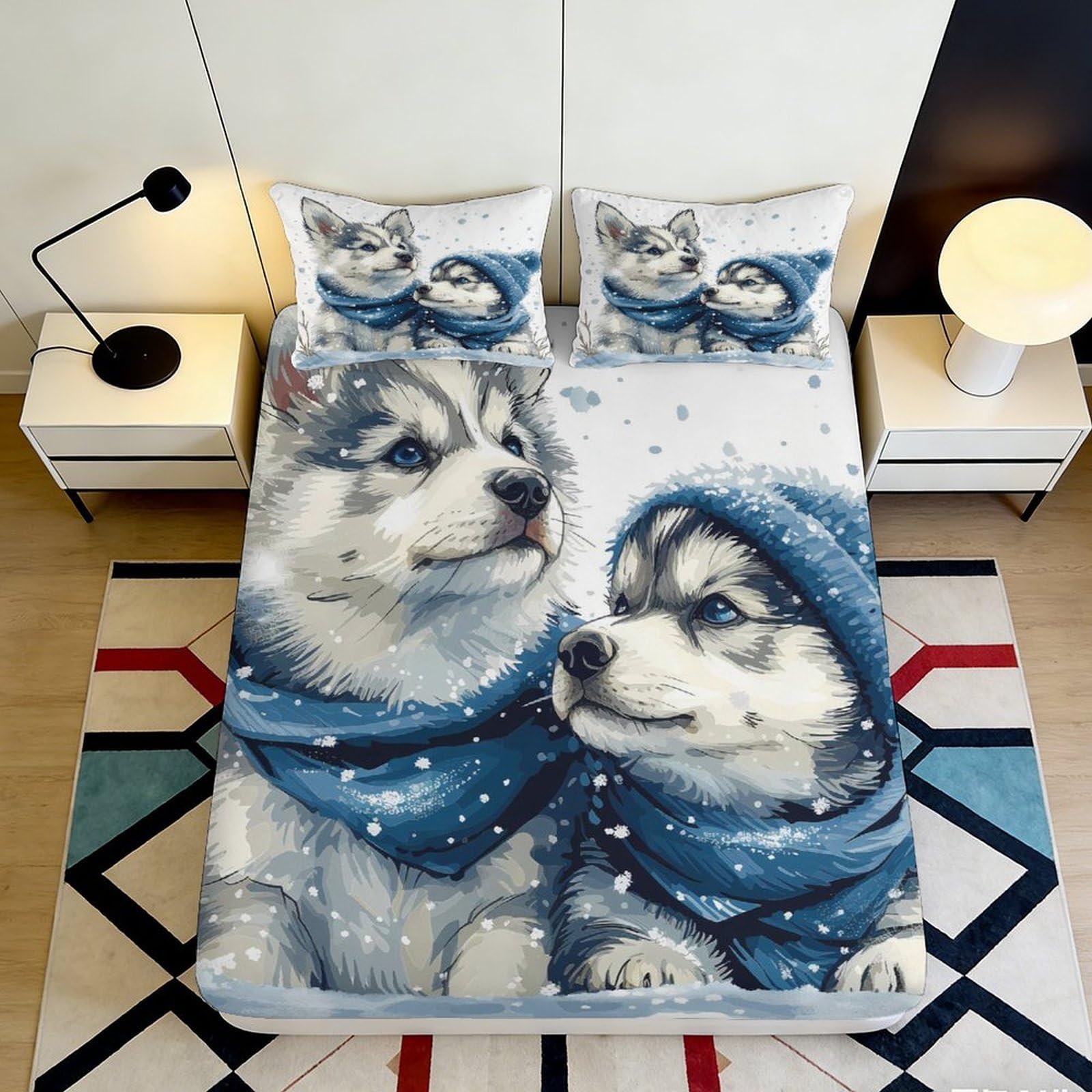3D Printed Husky Puppy Fitted Sheet Microfiber Soft Blue Snow Dog Mattress Cover Bedroom Decor Dorm Protection 90x200x25cm
