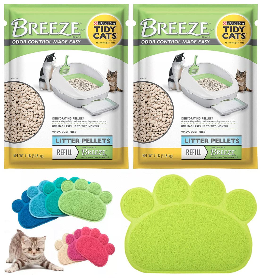 KITTI Variety Pack Bundle Including (1) 24" X 16" Paw Print Litter Box Mat and Tidy Cats Breeze Pellets (2) 7lb Bags. (Green)