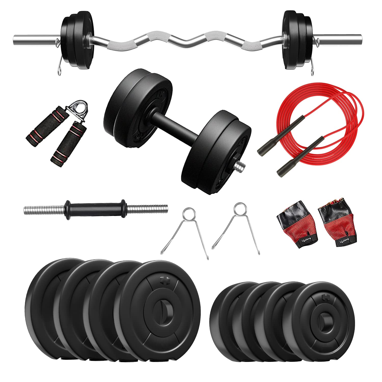 Lifelong PVC Home gym combo 30 kg with Curl Rod  and Dumbbells Rods  with Gym Assessories, Black — Lifelong